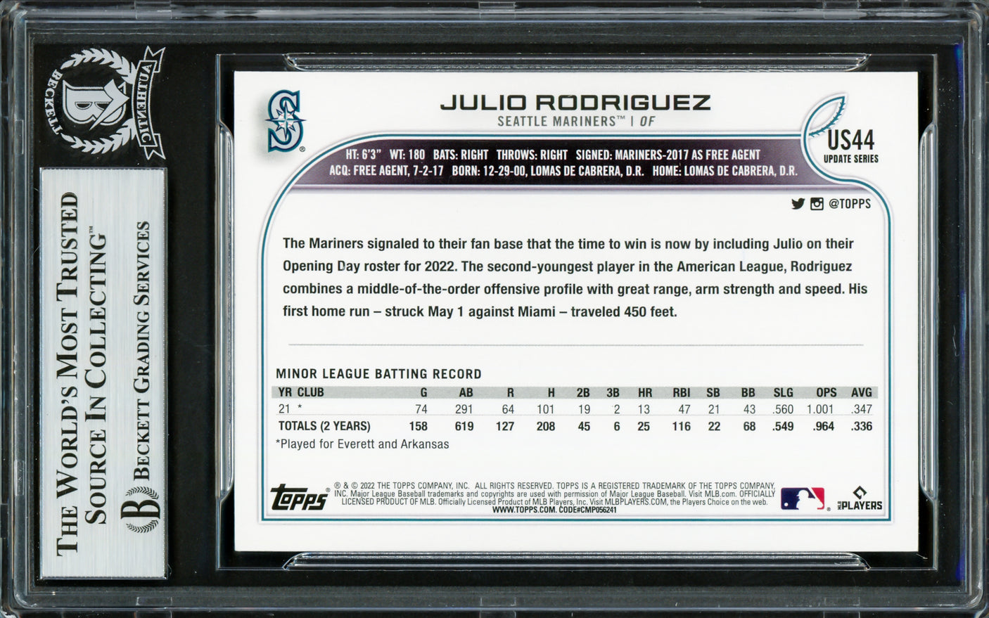 Julio Rodriguez Autographed 2022 Topps Update Blue Rookie Card #US44 Seattle Mariners Beckett BAS #16706558