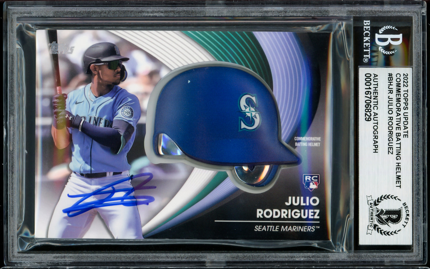 Julio Rodriguez Autographed 2022 Topps Update Batting Helmet Rookie Card #BH-JR Seattle Mariners Beckett BAS #16706829