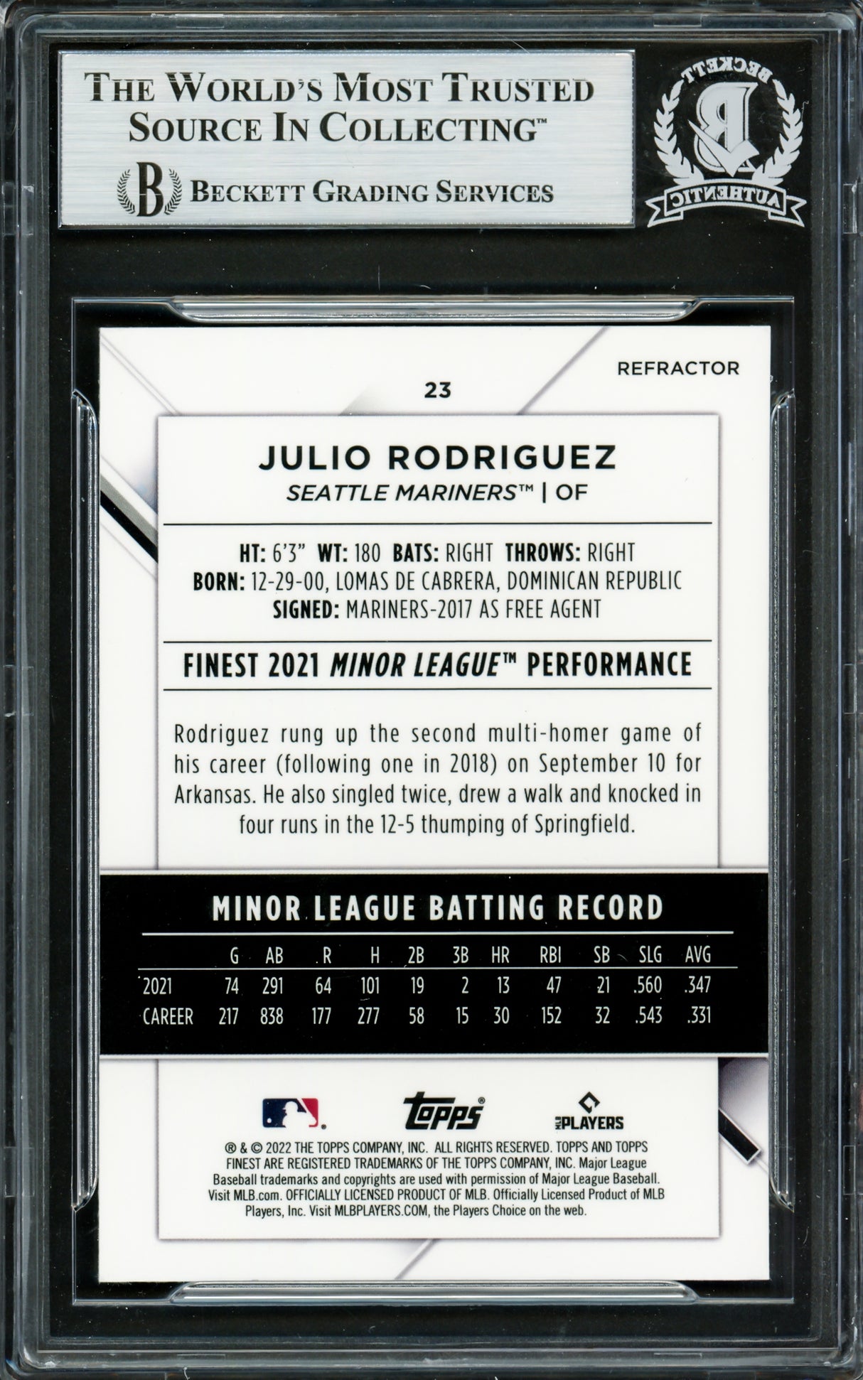 Julio Rodriguez Autographed 2022 Topps Finest Refractor Rookie Card #23 Seattle Mariners Beckett BAS #16707769