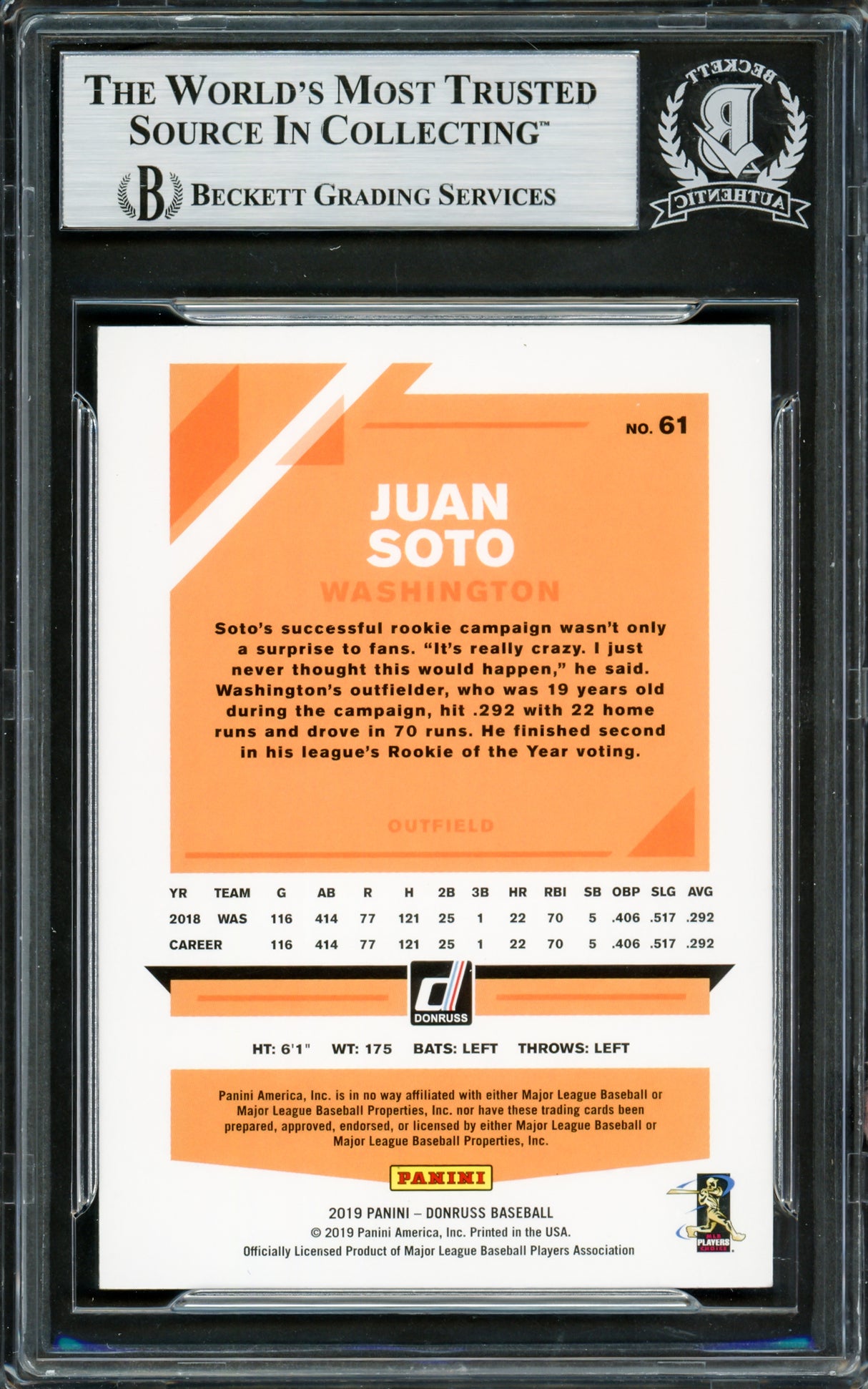 Juan Soto Autographed 2019 Donruss Variations Card #61 New York Mets Beckett BAS #16707797