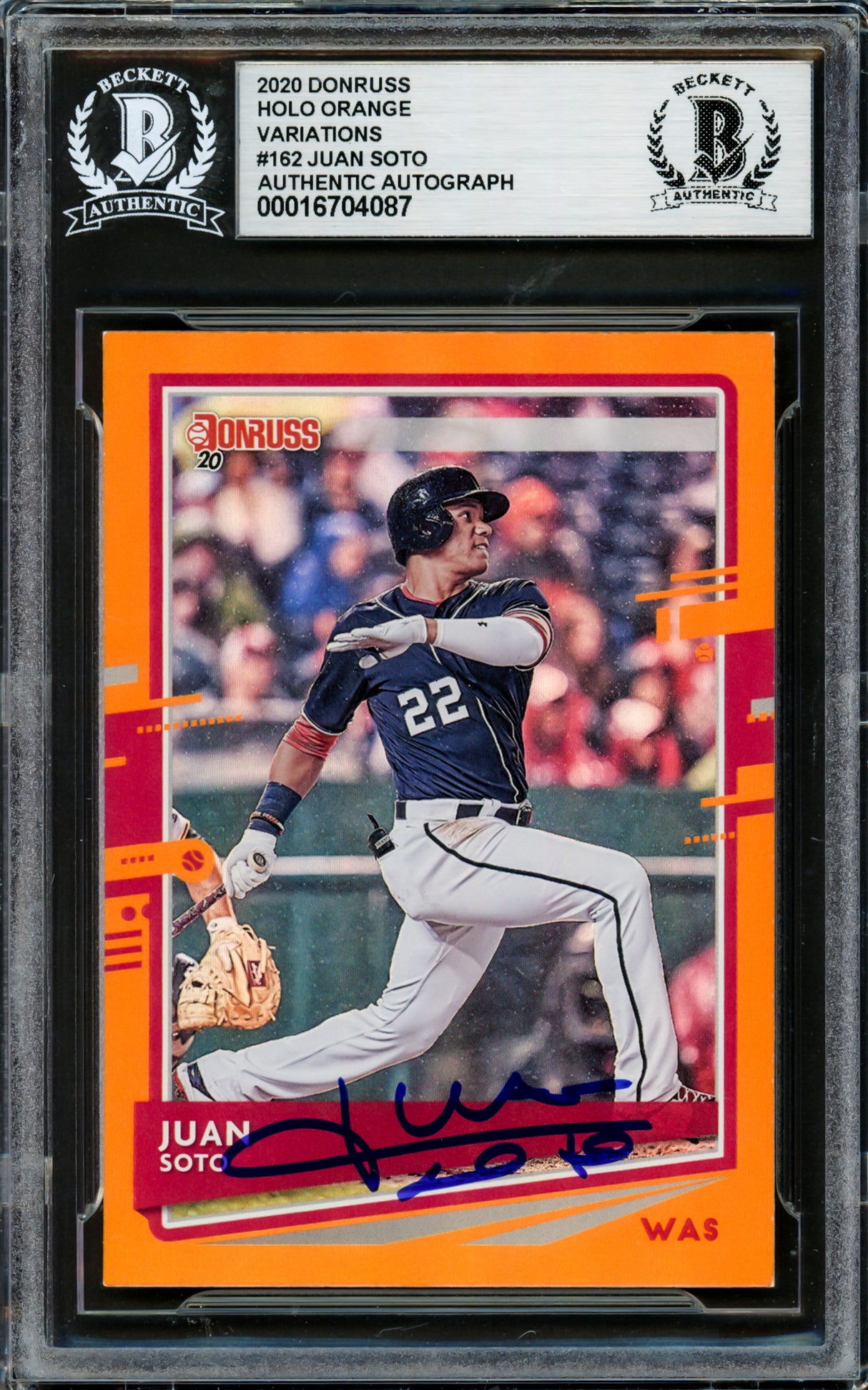 Juan Soto Autographed 2020 Donruss Holo Orange Card #162 New York Mets Beckett BAS #16704087