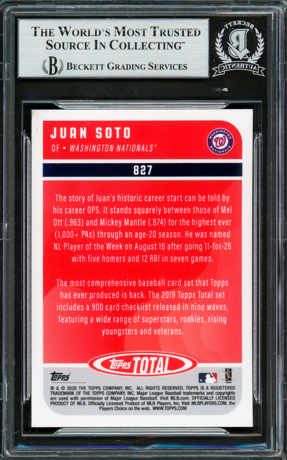 Juan Soto Autographed 2020 Topps Total Card #827 New York Mets Beckett BAS #16704298