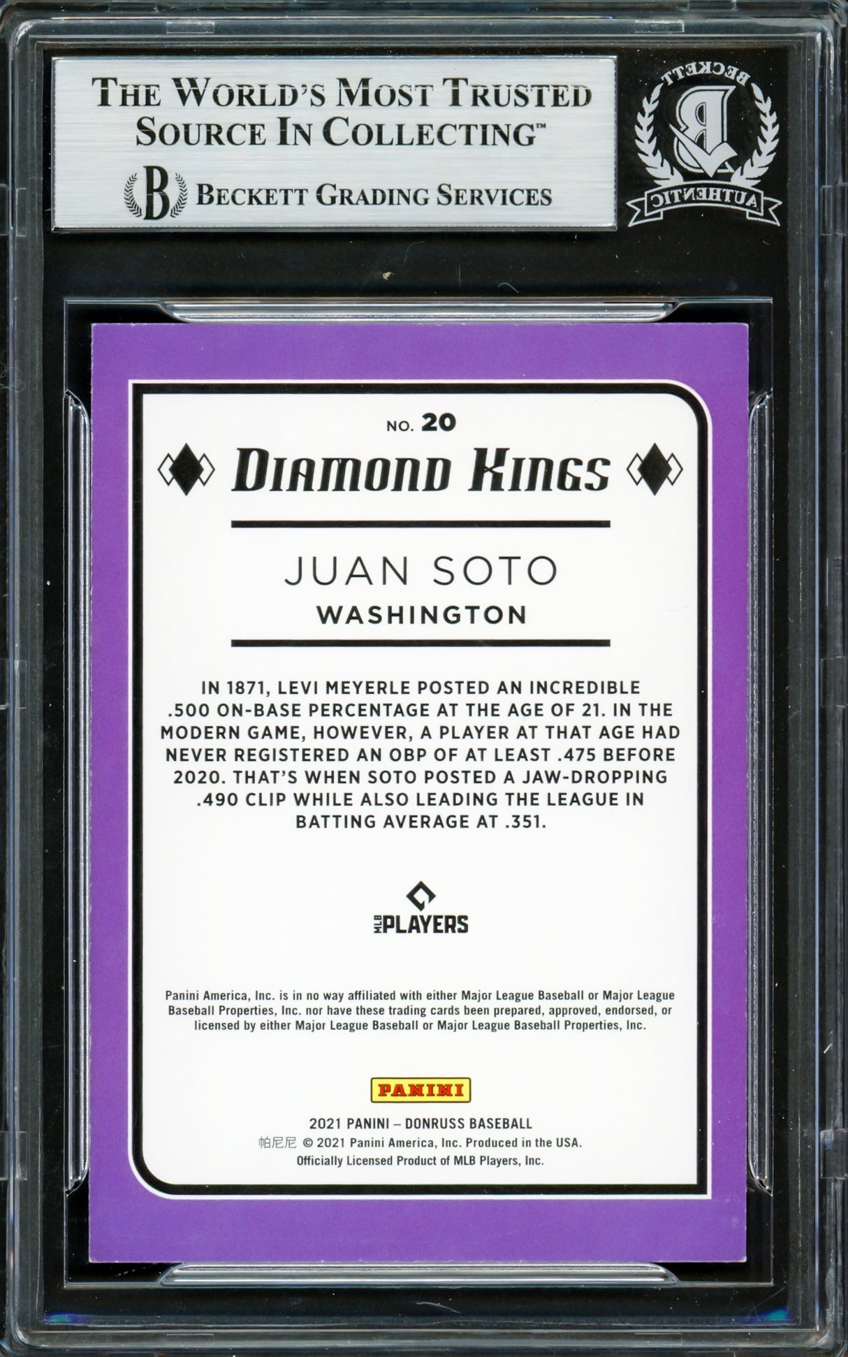 Juan Soto Autographed 2021 Donruss Diamond Kings Card #20 New York Mets Beckett BAS #16704312