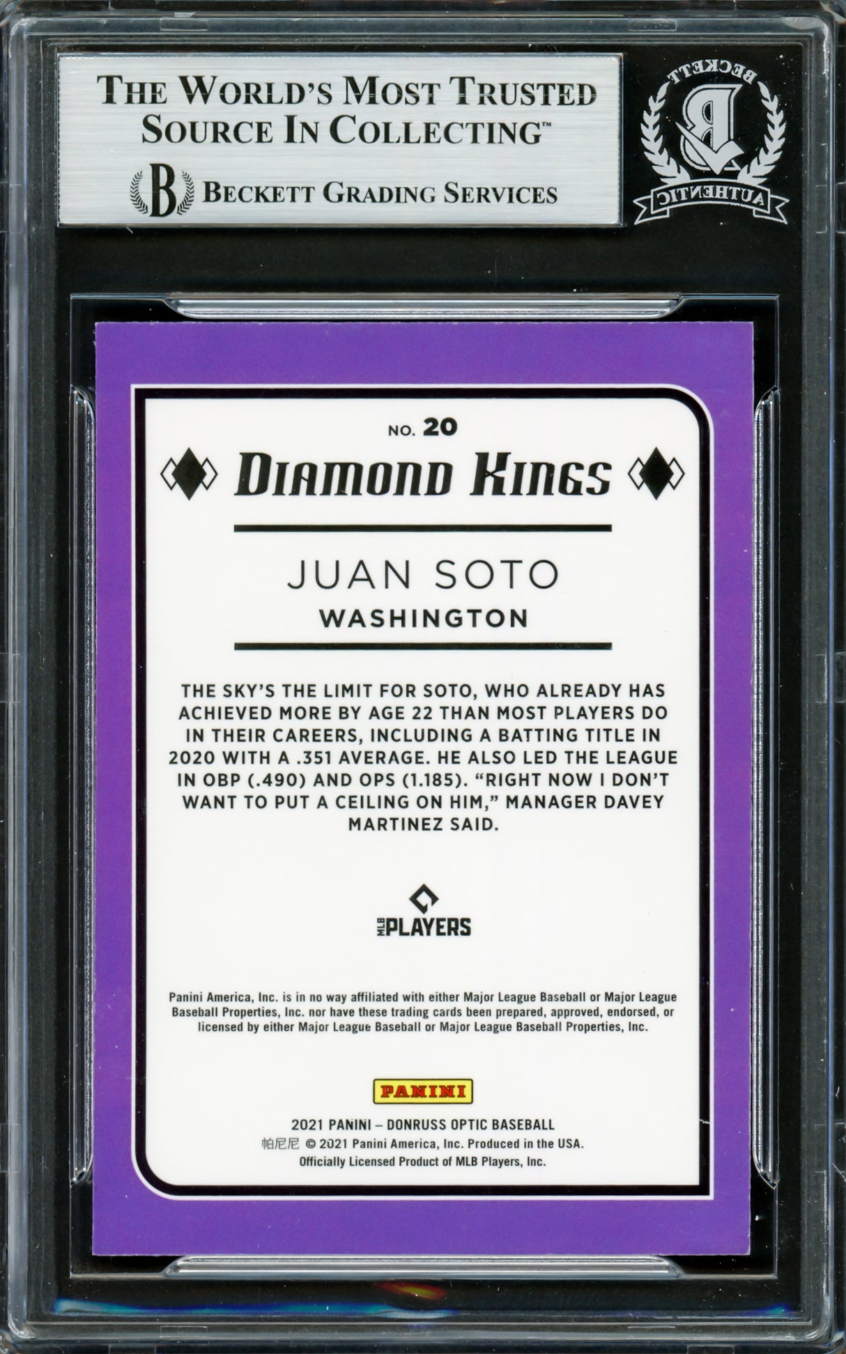Juan Soto Autographed 2021 Donruss Optic Diamond Kings Card #20 New York Mets Beckett BAS #16704322