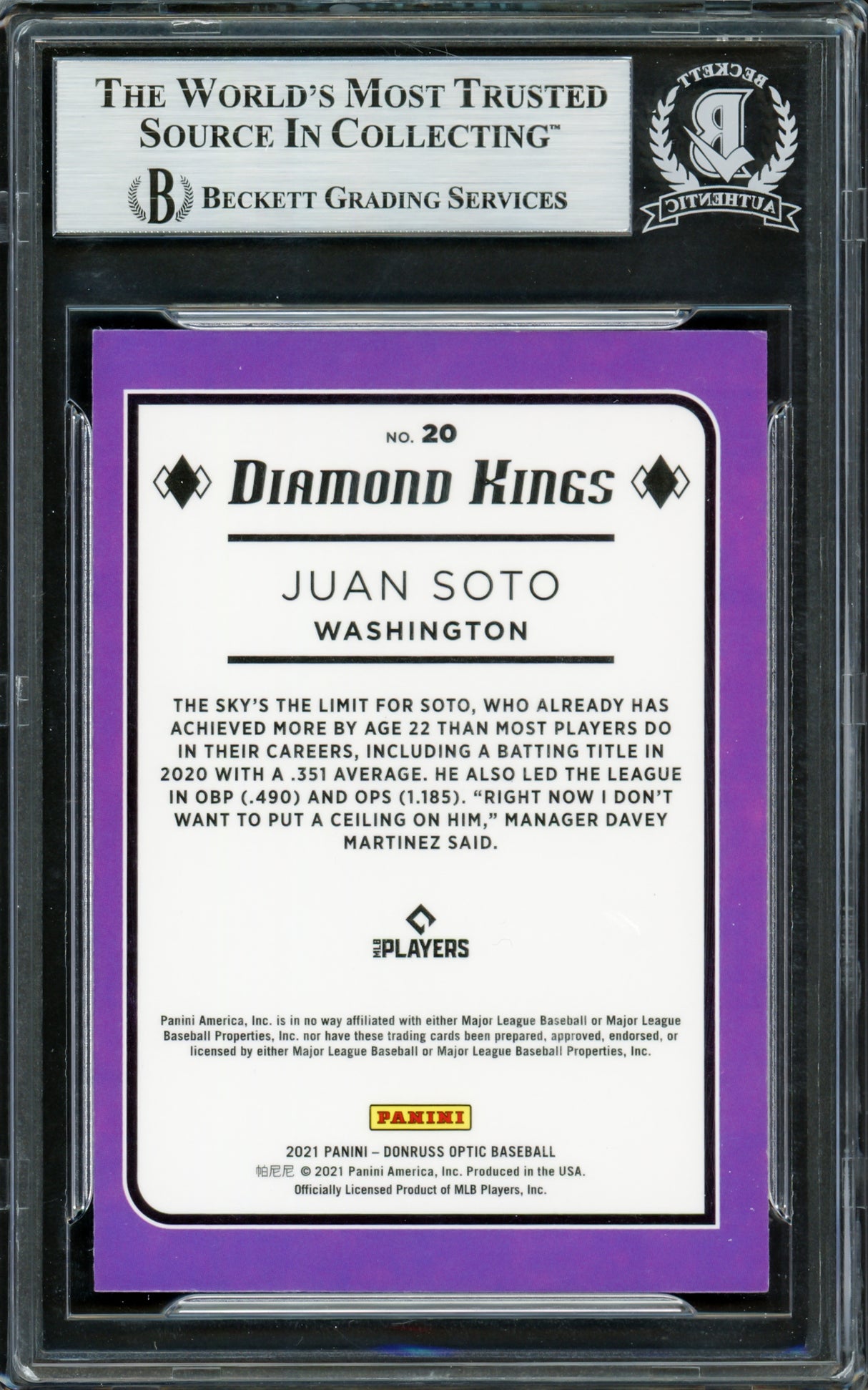 Juan Soto Autographed 2021 Donruss Optic Diamond Kings Card #20 New York Mets Beckett BAS #16704325