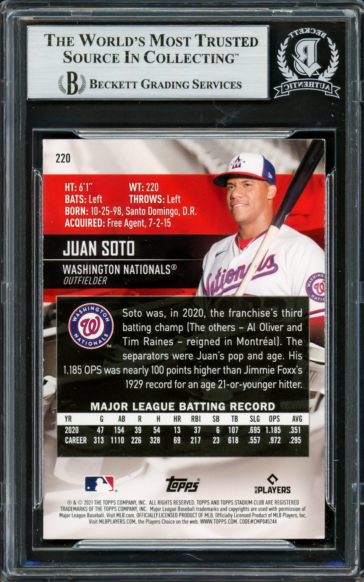 Juan Soto Autographed 2021 Stadium Club Card #220 New York Mets Beckett BAS #16704326