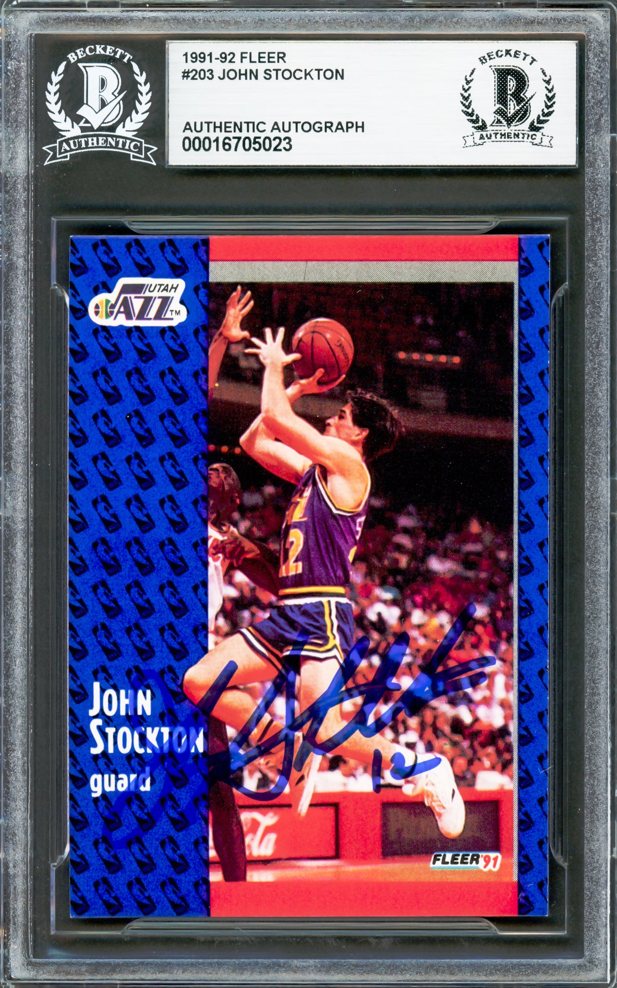 John Stockton Autographed 1991-92 Fleer Card #203 Utah Jazz Beckett BAS #16705023