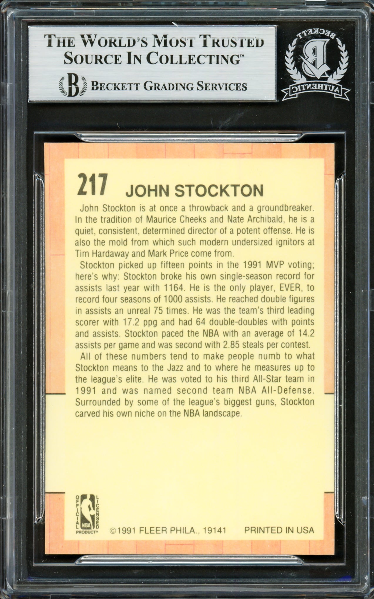 John Stockton Autographed 1991-92 Fleer Card #217 Utah Jazz Beckett BAS #16705032