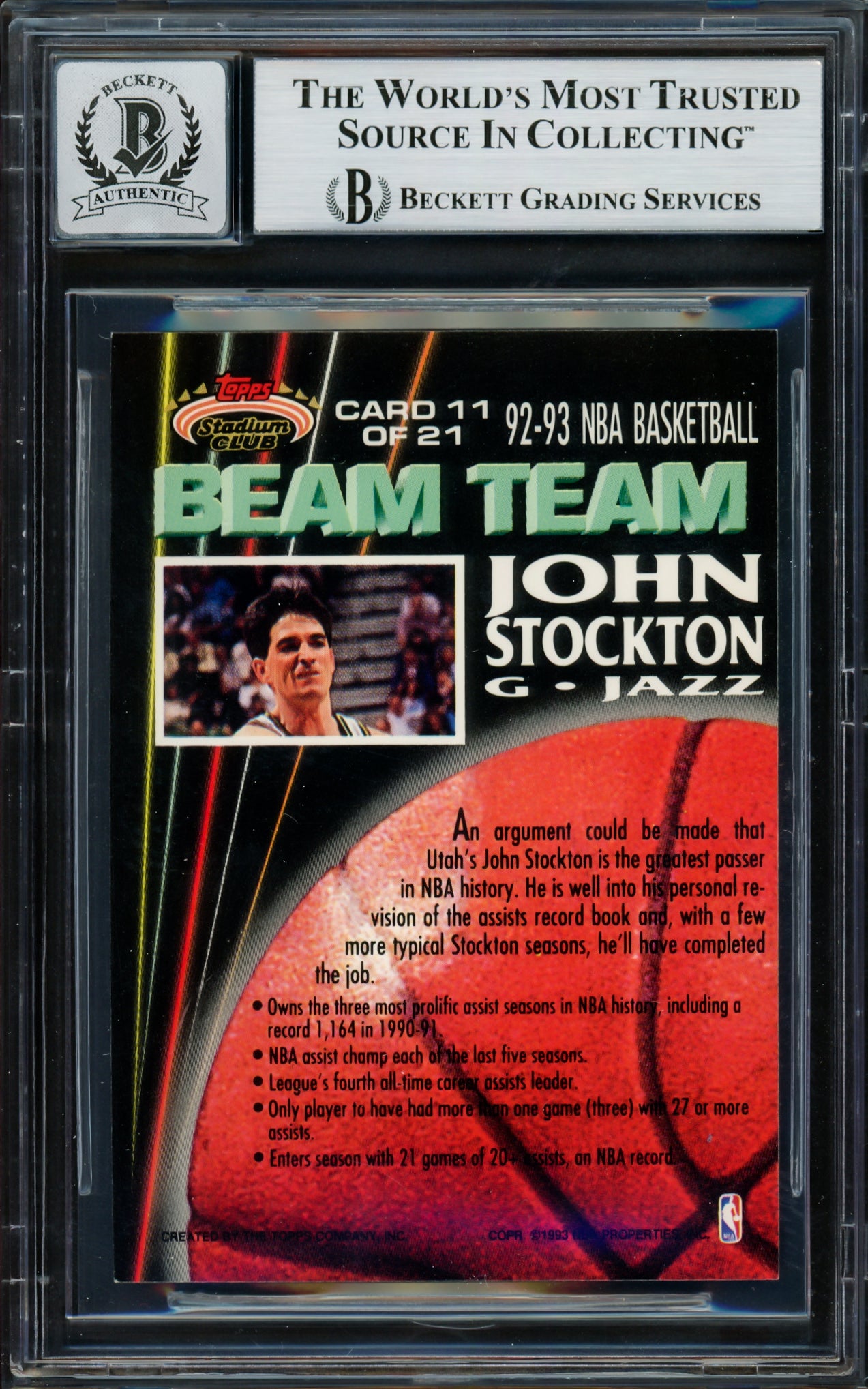 John Stockton Autographed 1992-93 Stadium Club Beam Team Card #11 Utah Jazz Auto Grade Gem Mint 10 Beckett BAS #16703535