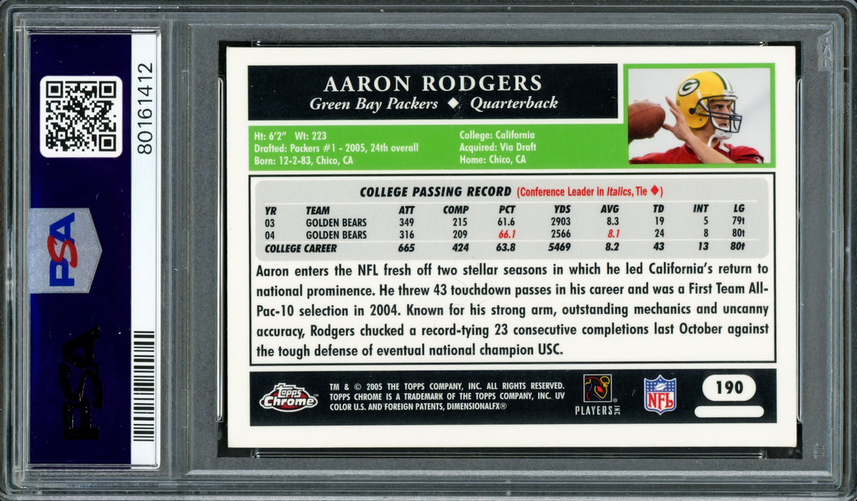 Aaron Rodgers Autographed 2005 Topps Chrome Rookie Card #190 Green Bay Packers PSA/DNA #80161412
