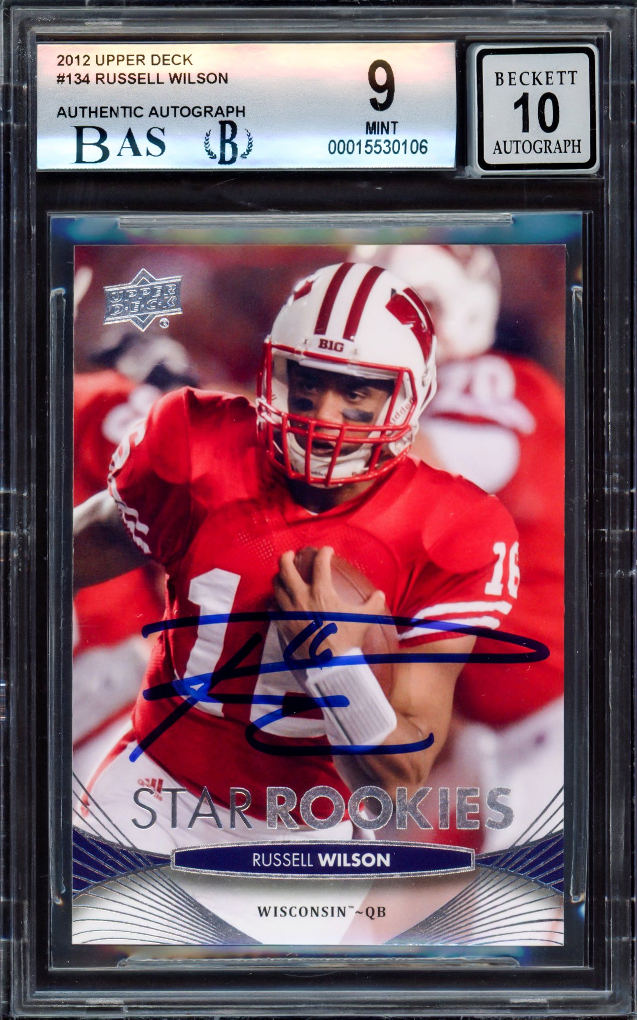 Russell Wilson Autographed 2012 Upper Deck Rookie Card #134 Wisconsin Badgers BGS 9 Auto Grade Gem Mint 10 Beckett BAS Stock #214873