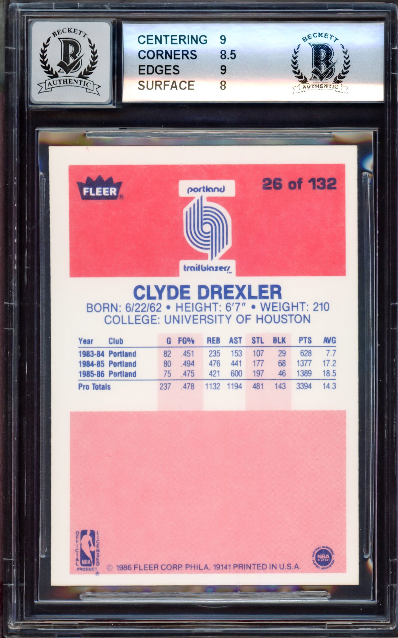 Clyde Drexler Autographed 1986-87 Fleer Rookie Card #26 Portland Trail Blazers BGS 8.5 Auto Grade Gem Mint 10 "The Glide" Beckett BAS #15530310