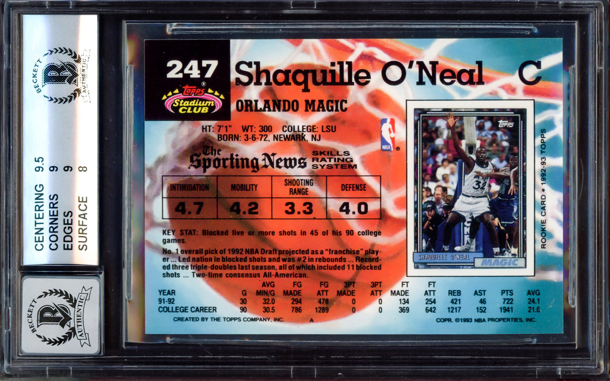 Shaquille Shaq O'Neal Autographed 1992-93 Stadium Club Rookie Card #247 Orlando Magic BGS 8.5 Auto Grade Gem Mint 10 Beckett BAS #15530639