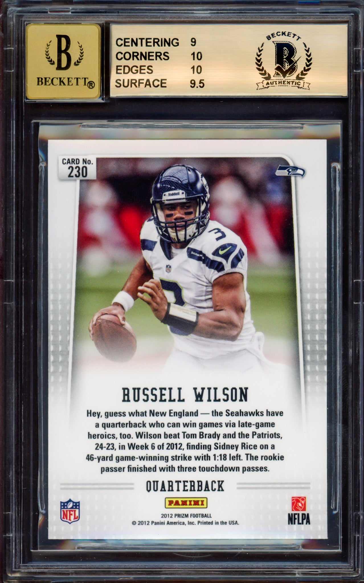 Russell Wilson Autographed 2012 Panini Prizm Towel Down Rookie Card #230B Seattle Seahawks BGS 9.5 Auto Grade Gem Mint 10 Beckett BAS #15530122