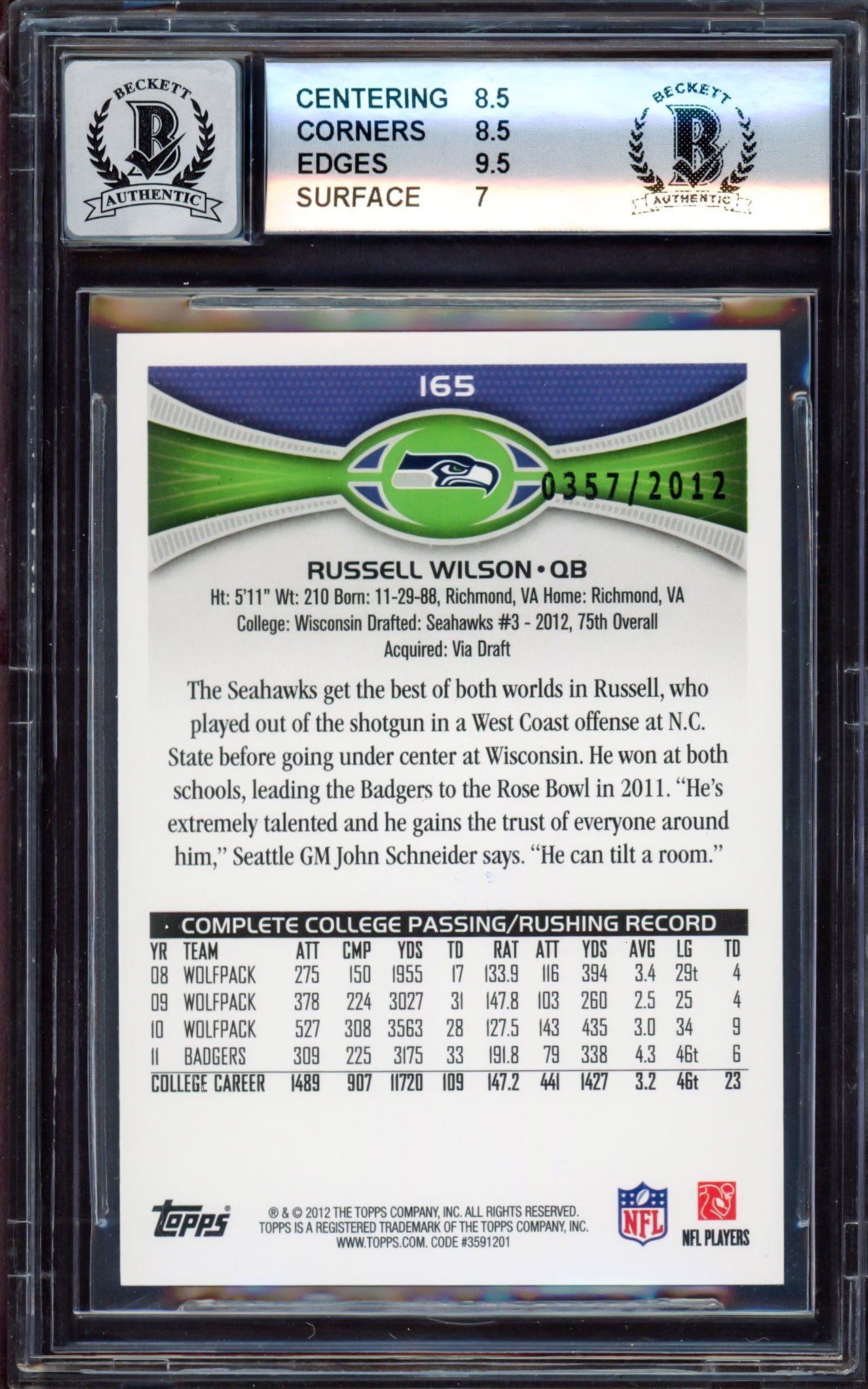 Russell Wilson Autographed 2012 Topps Gold Rookie Card #165 Seattle Seahawks BGS 8 Auto Grade Gem Mint 10 Beckett BAS #15530936