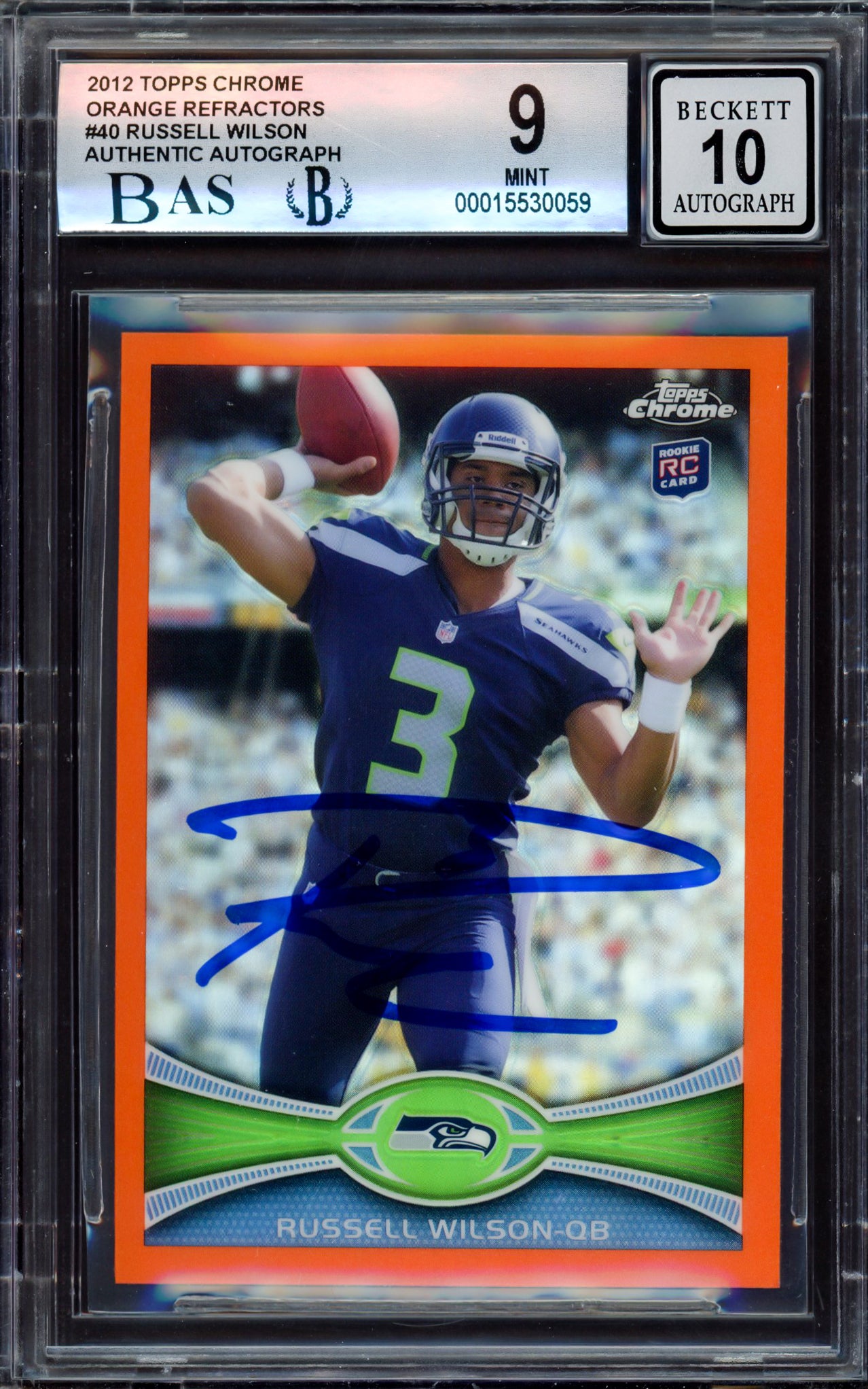 Russell Wilson Autographed 2012 Topps Chrome Orange Refractor Rookie Card #40 Seattle Seahawks BGS 9 Auto Grade Gem Mint 10 Beckett BAS #15530059