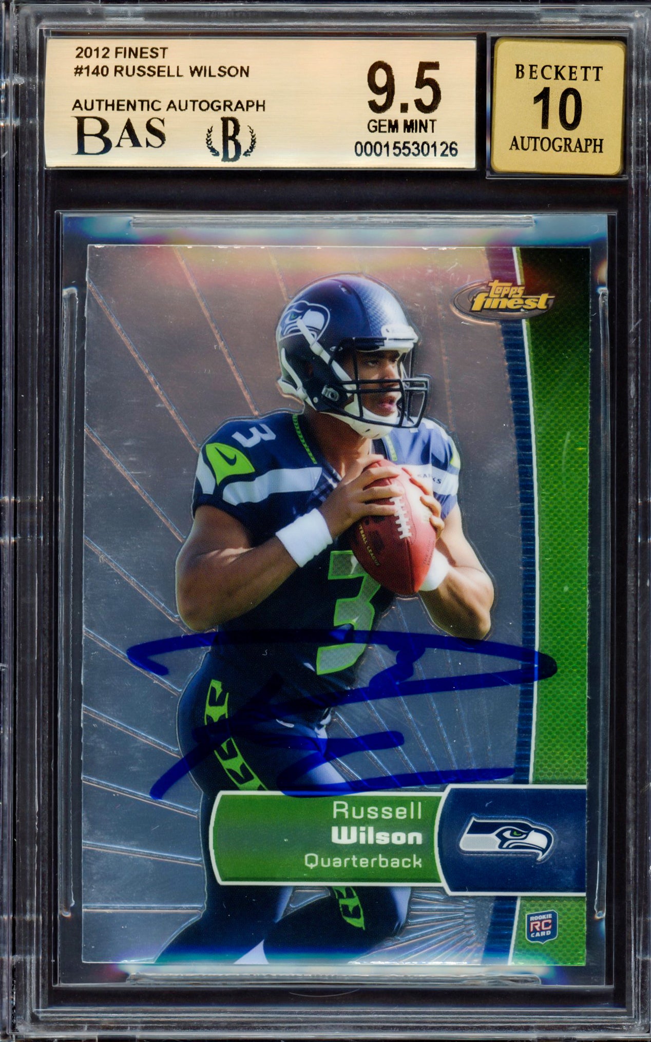 Russell Wilson Autographed 2012 Topps Finest Rookie Card #140 Seattle Seahawks BGS 9.5 Auto Grade Gem Mint 10 Beckett BAS #15530126