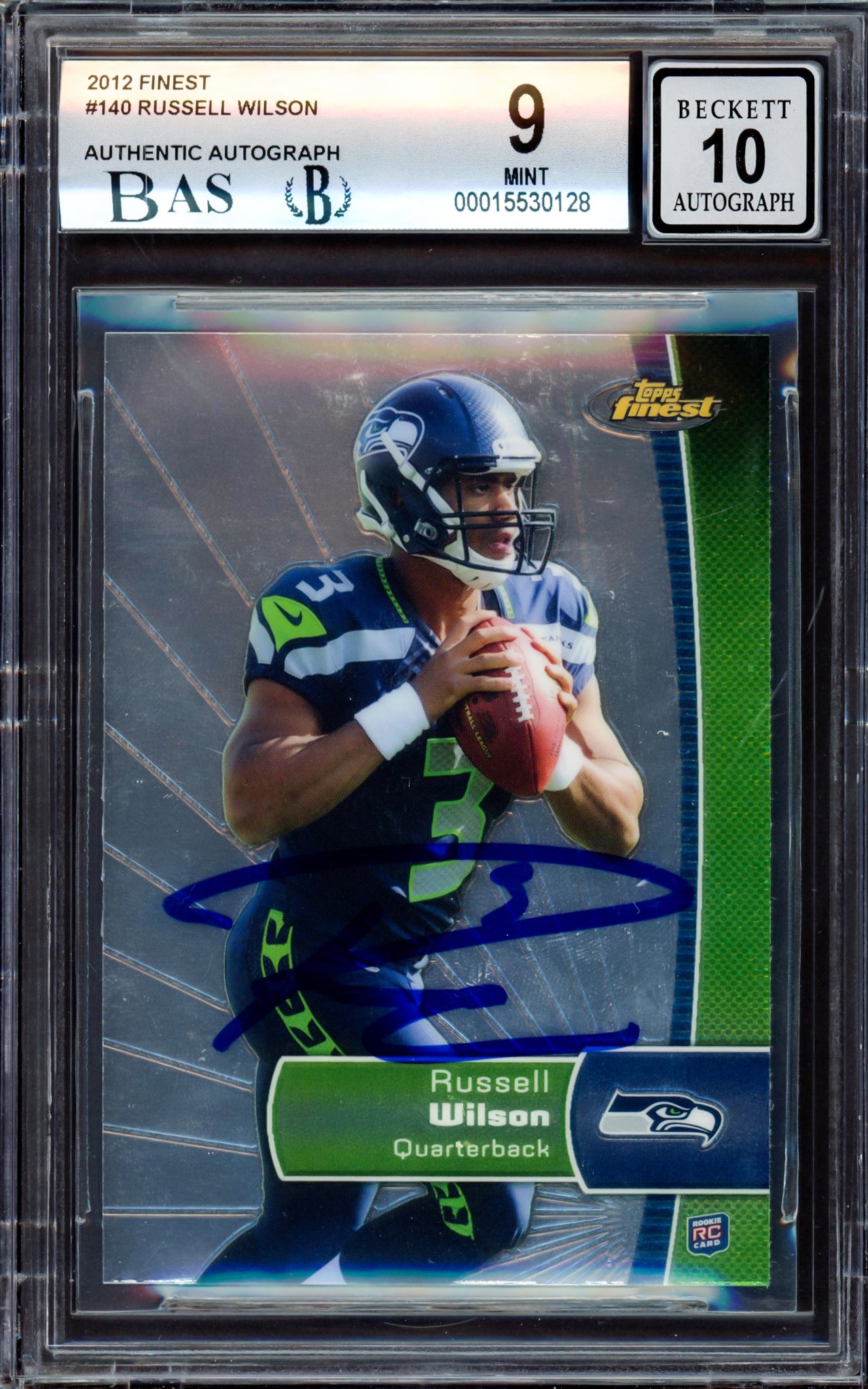 Russell Wilson Autographed 2012 Topps Finest Rookie Card #140 Seattle Seahawks BGS 9 Auto Grade Gem Mint 10 Beckett BAS #15530128