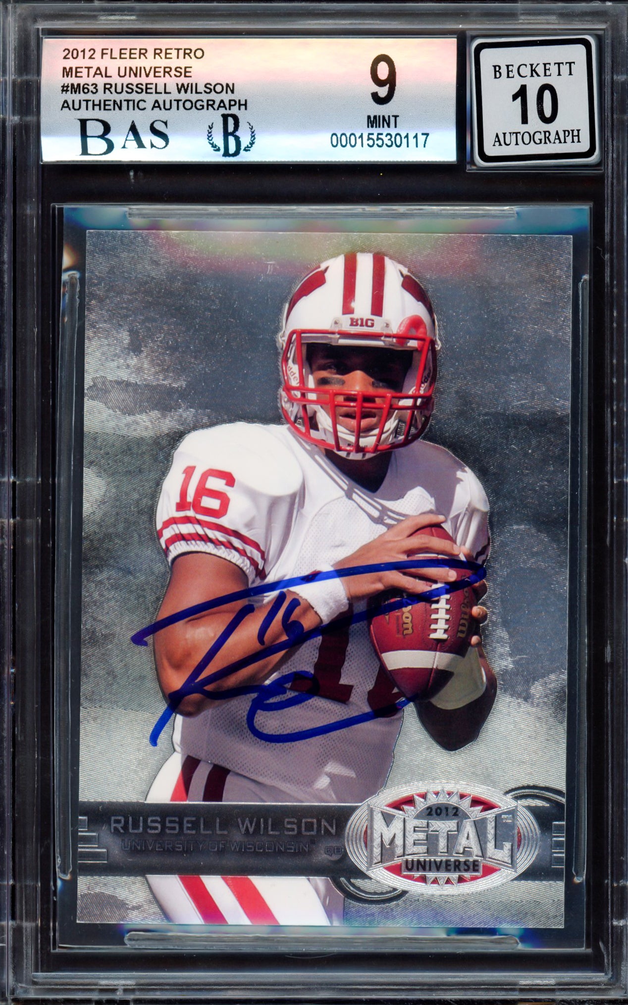 Russell Wilson Autographed 2012 Fleer Metal Universe Rookie Card #M-63 Wisconsin Badgers BGS 9 Auto Grade Gem Mint 10 Beckett BAS #15530117