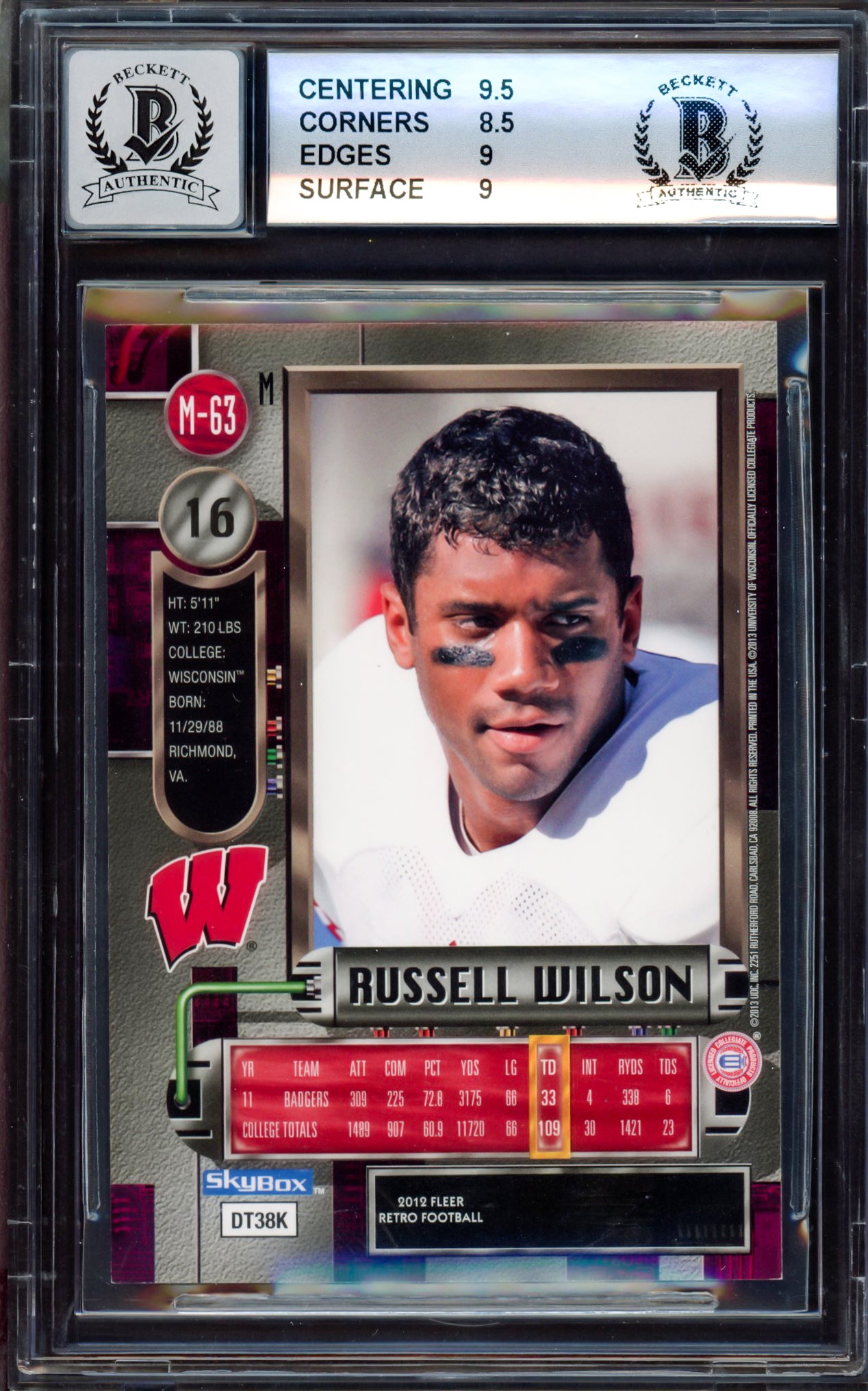 Russell Wilson Autographed 2012 Fleer Metal Universe Rookie Card #M-63 Wisconsin Badgers BGS 9 Auto Grade Gem Mint 10 Beckett BAS #15530117