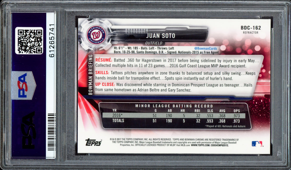 Juan Soto Autographed 2017 Bowman Draft Chrome Refractor Rookie Card #BDC162 New York Mets PSA 10 "2019 WS Champs" PSA/DNA #61265741
