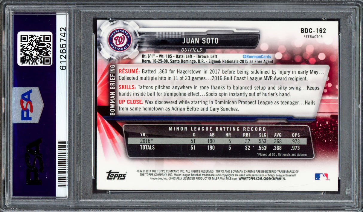 Juan Soto Autographed 2017 Bowman Draft Chrome Refractor Rookie Card #BDC162 New York Mets PSA 10 "2019 WS Champs" PSA/DNA #61265742