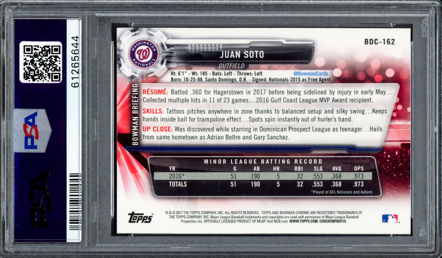 Juan Soto Autographed 2017 Bowman Draft Chrome Rookie Card #BDC162 New York Mets PSA 10 Auto Grade Gem Mint 10 PSA/DNA #61265644