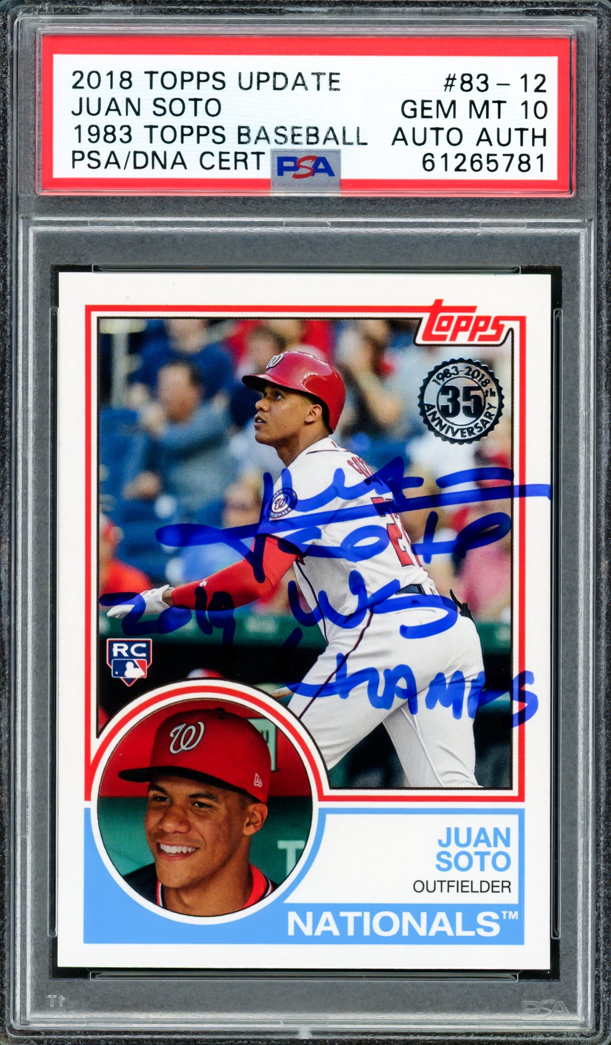 Juan Soto Autographed 2018 Topps Update 1983 Rookie Card #83-12 New York Mets PSA 10 "2019 WS Champs" PSA/DNA #61265781