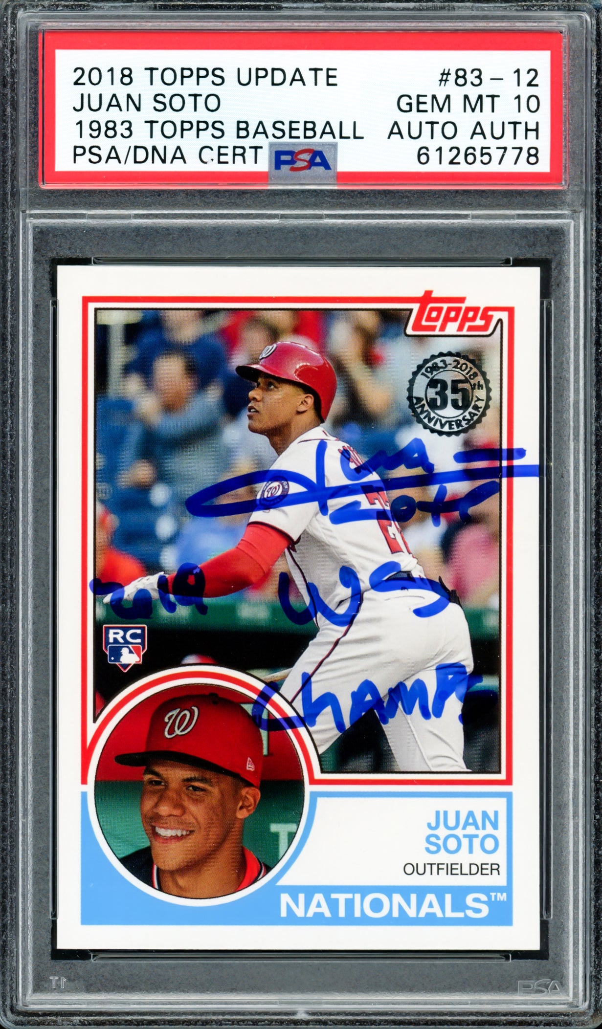Juan Soto Autographed 2018 Topps Update 1983 Rookie Card #83-12 New York Mets PSA 10 "2019 WS Champs" PSA/DNA #61265778