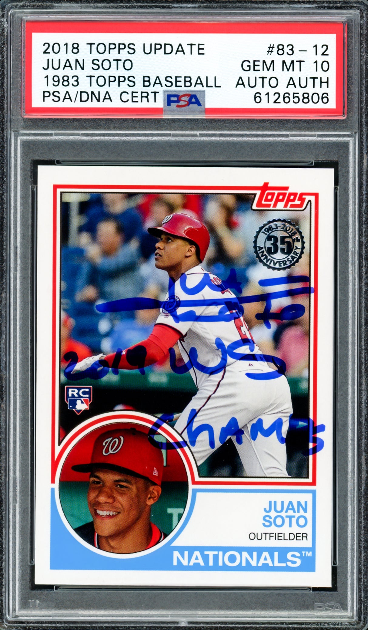 Juan Soto Autographed 2018 Topps Update 1983 Rookie Card #83-12 New York Mets PSA 10 "2019 WS Champs" PSA/DNA #61265806