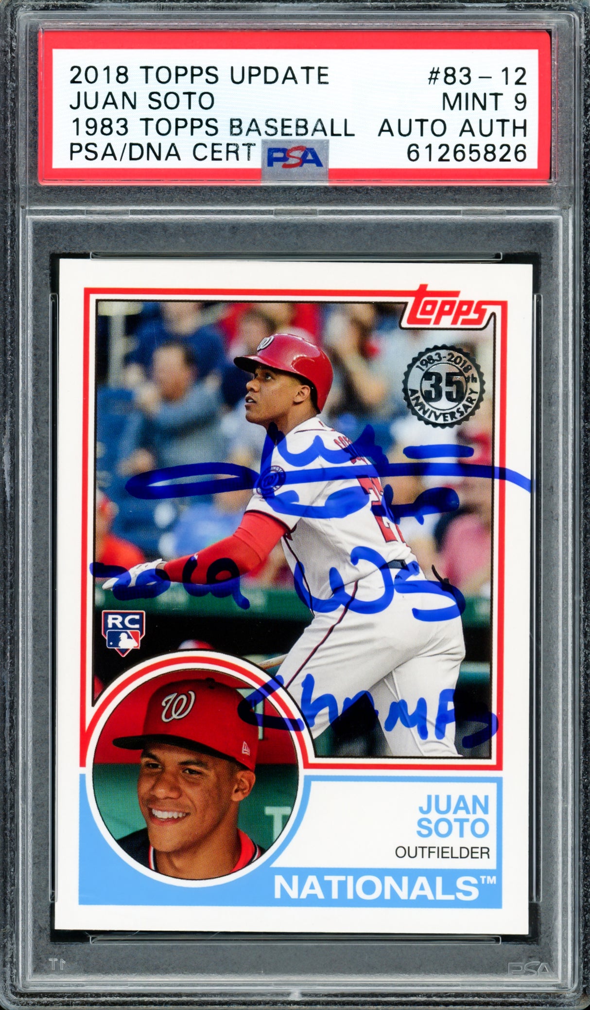 Juan Soto Autographed 2018 Topps Update 1983 Rookie Card #83-12 New York Mets PSA 9 "2019 WS Champs" PSA/DNA #61265826