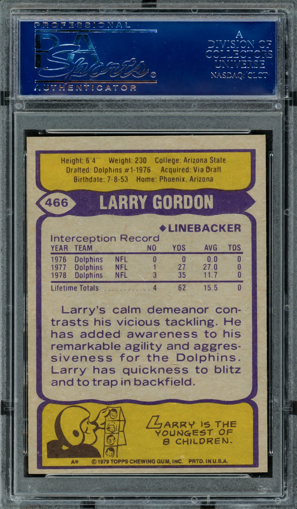 Larry Gordon Autographed 1979 Topps Card #466 Miami Dolphins PSA/DNA #83469790