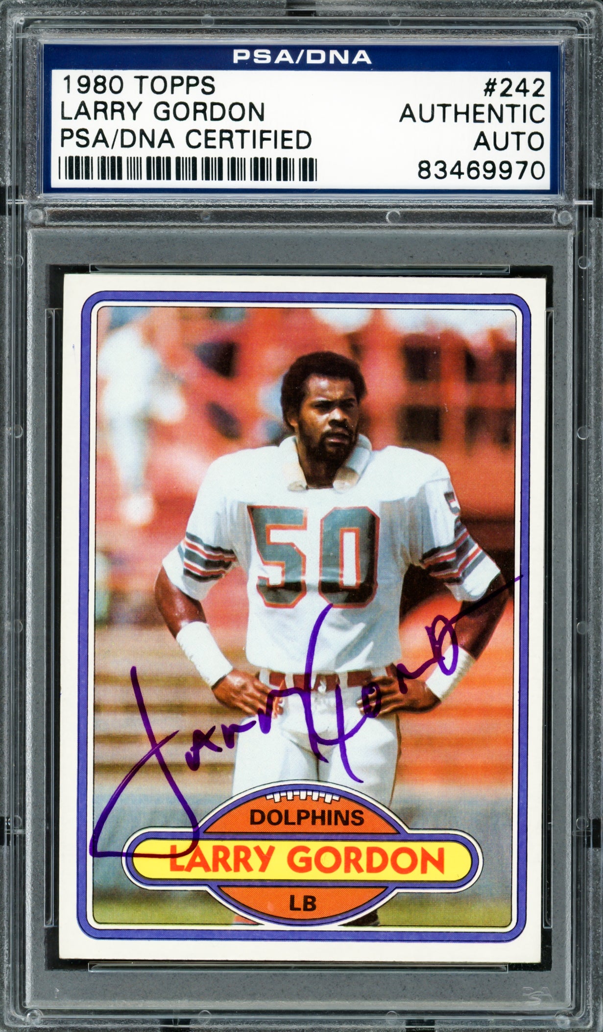 Larry Gordon Autographed 1980 Topps Card #242 Miami Dolphins PSA/DNA #83469970