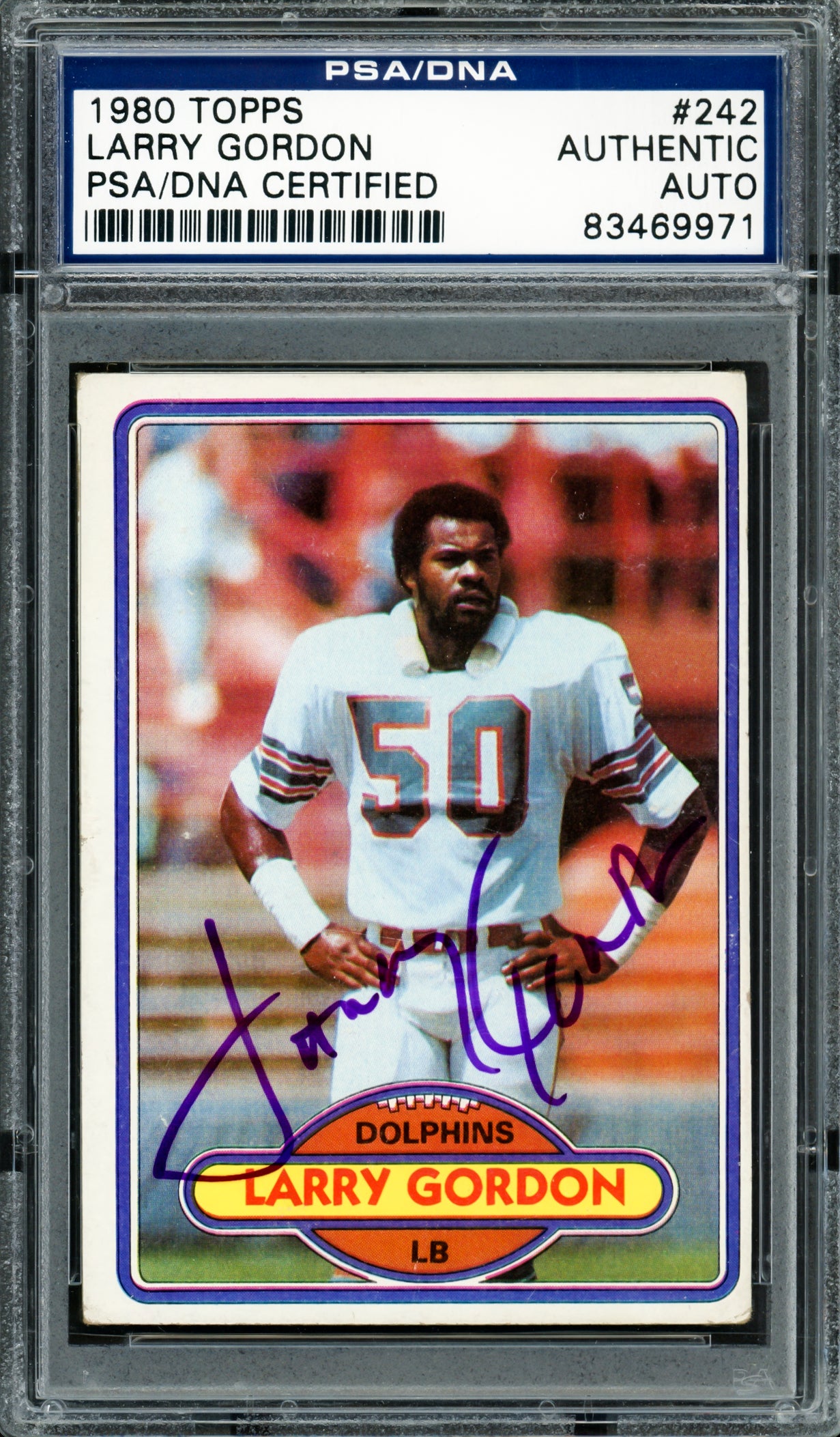 Larry Gordon Autographed 1980 Topps Card #242 Miami Dolphins PSA/DNA #83469971