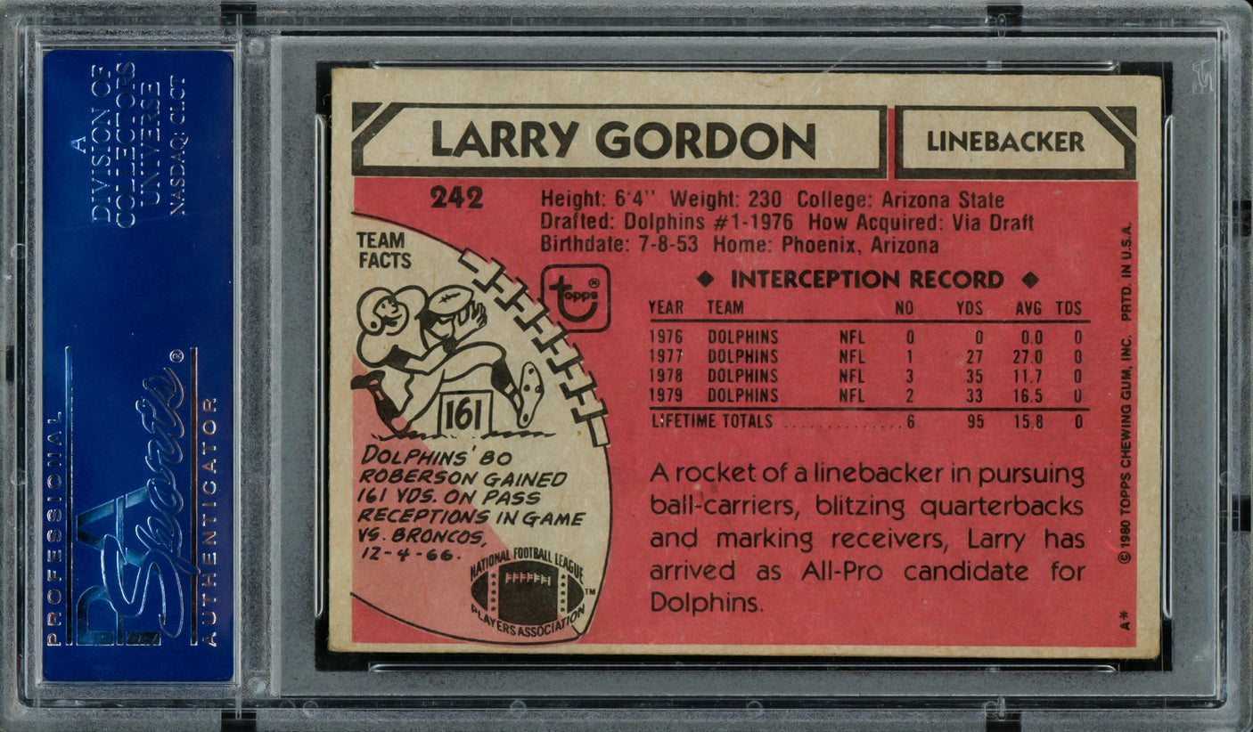 Larry Gordon Autographed 1980 Topps Card #242 Miami Dolphins PSA/DNA #83469971