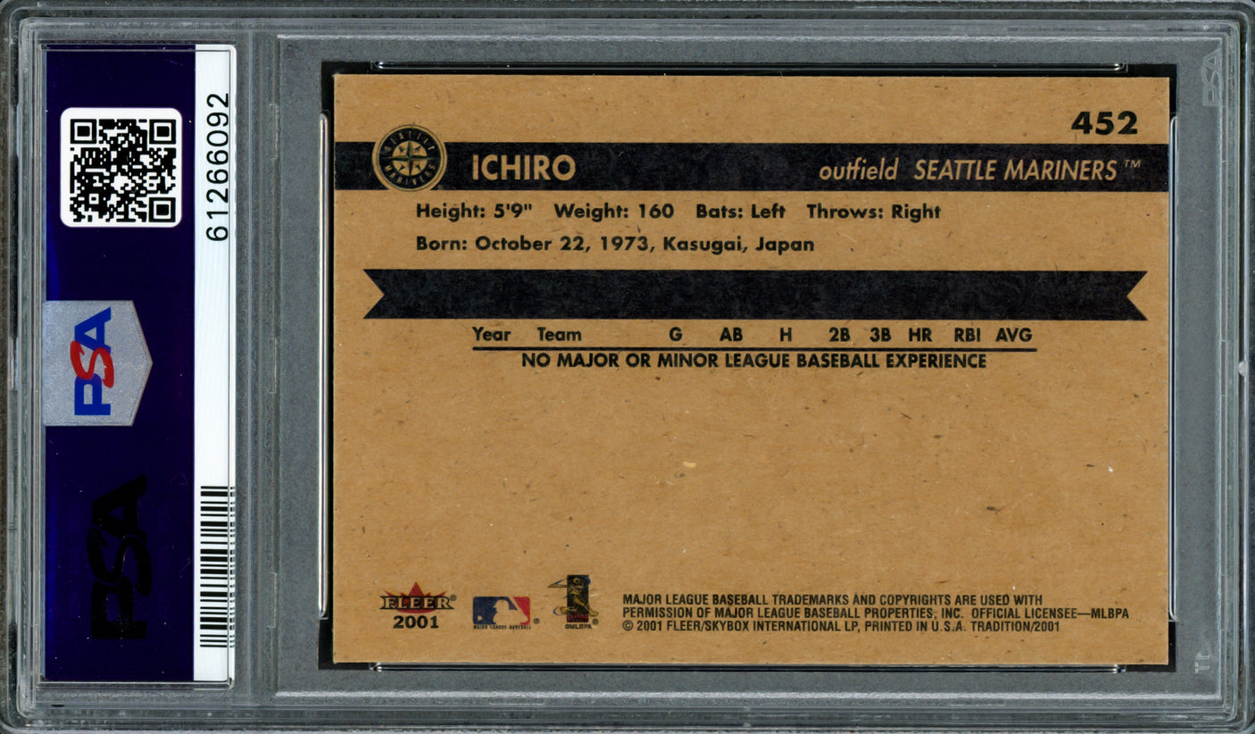 Ichiro Suzuki Autographed 2001 Fleer Tradition Rookie Card #452 Seattle Mariners PSA 9 Auto Grade Gem Mint 10 PSA/DNA #61266092