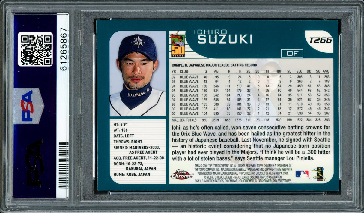 Ichiro Suzuki Autographed 2001 Topps Chrome Traded Rookie Card #T266 Seattle Mariners PSA 8 Auto Grade Gem Mint 10 PSA/DNA #61265867