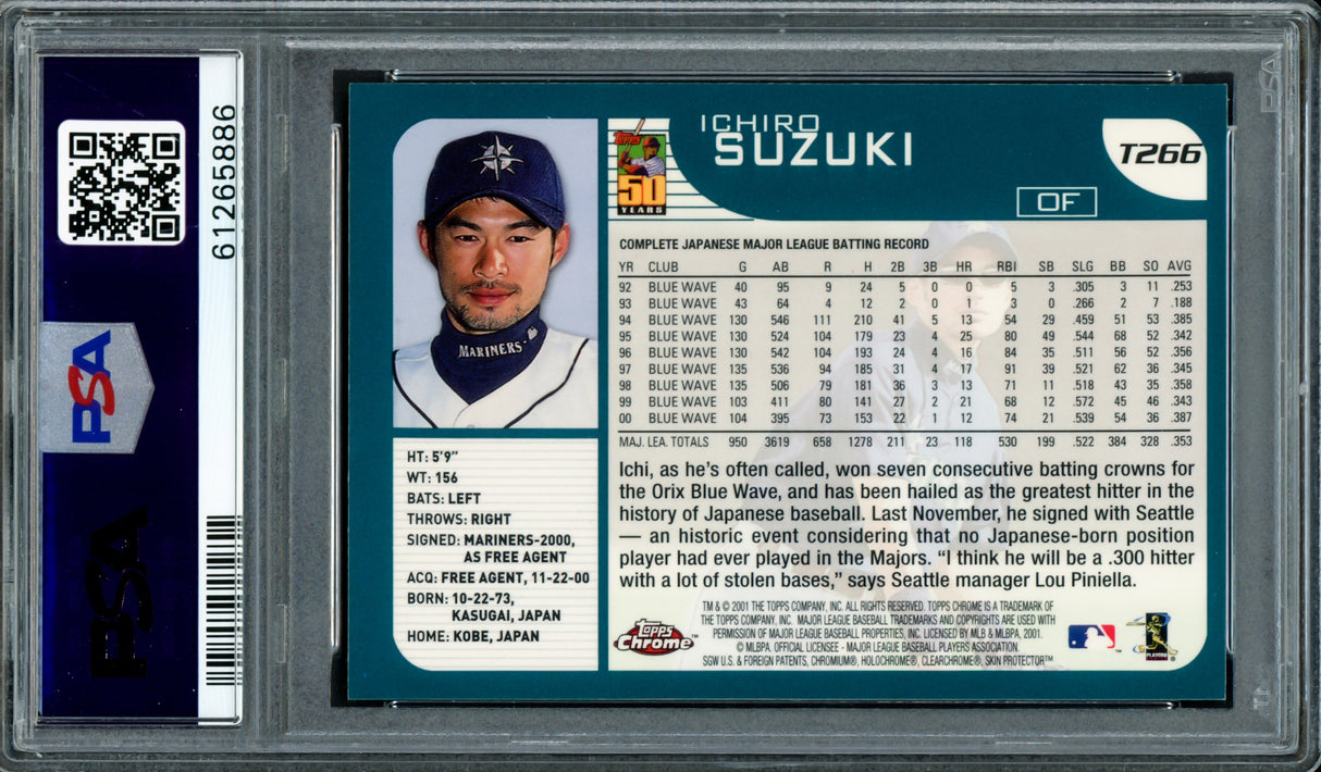 Ichiro Suzuki Autographed 2001 Topps Chrome Traded Rookie Card #T266 Seattle Mariners PSA 8 PSA/DNA #61265886