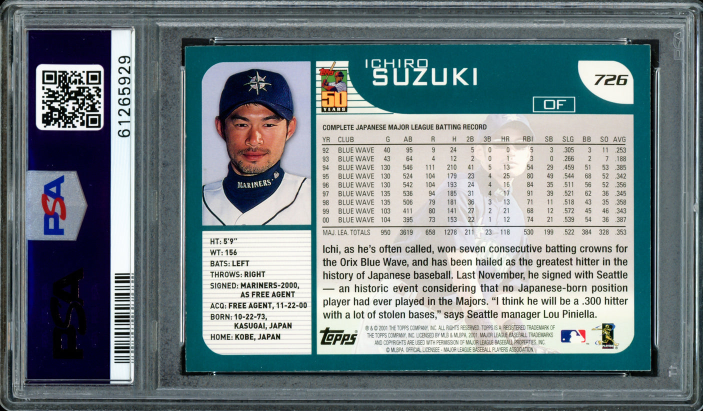 Ichiro Suzuki Autographed 2001 Topps Rookie Card #726 Seattle Mariners PSA 9 Auto Grade Gem Mint 10 PSA/DNA #61265929