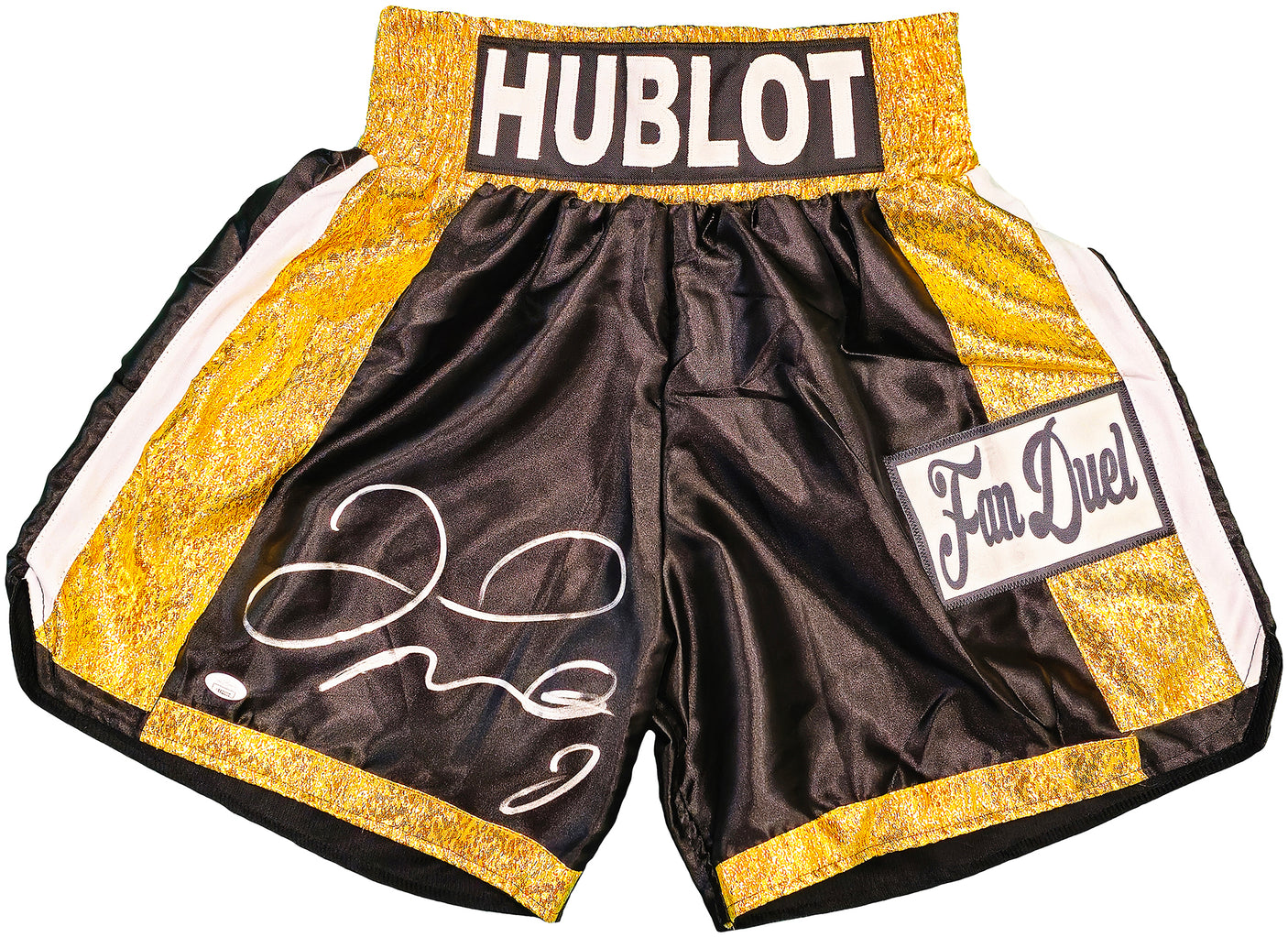 Floyd Mayweather Jr Autographed Black & Gold Boxing Trunks JSA Stock #228781