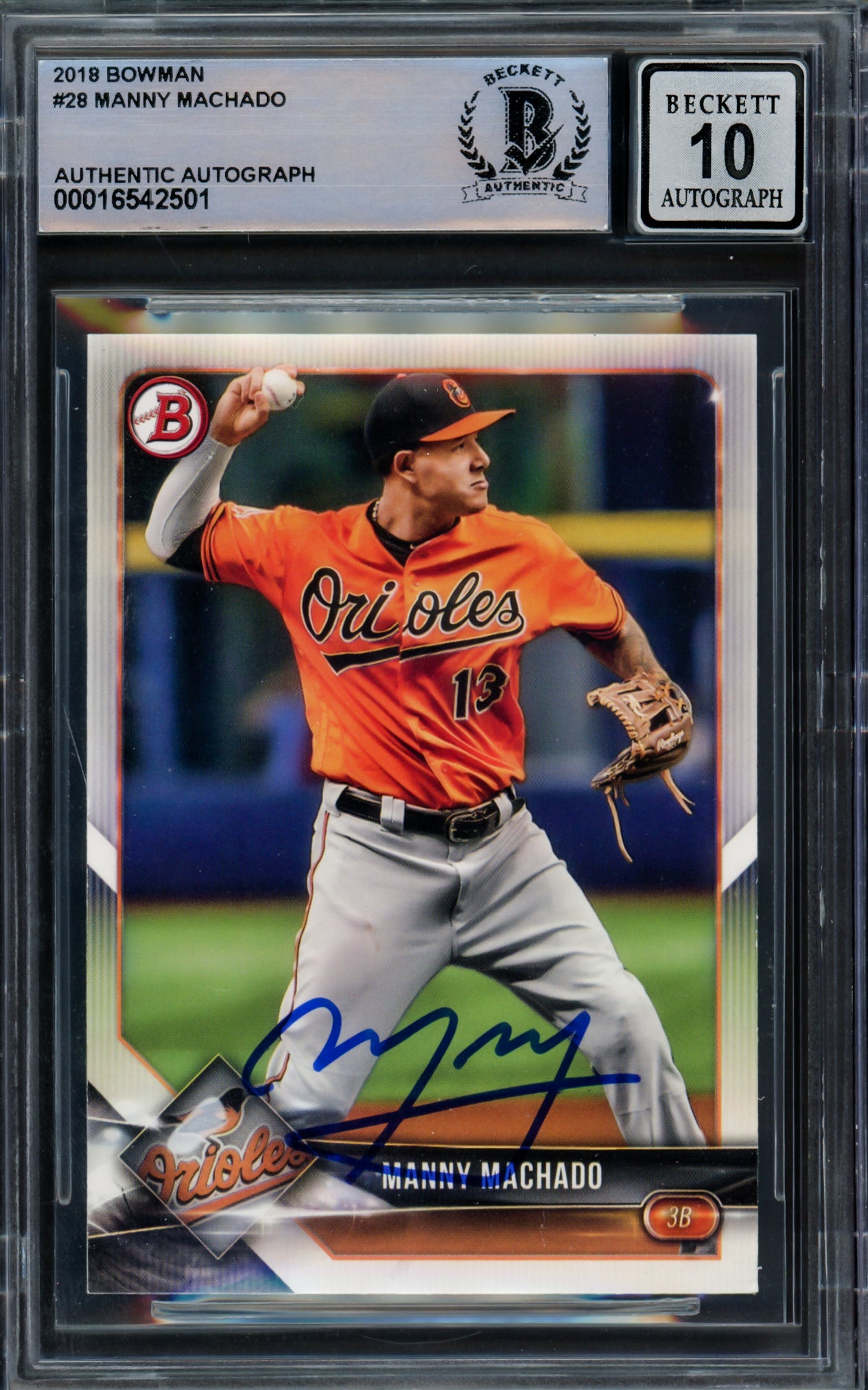 Manny Machado Autographed 2018 Bowman Card #28 Baltimore Orioles Auto Grade Gem Mint 10 Beckett BAS Stock #228984