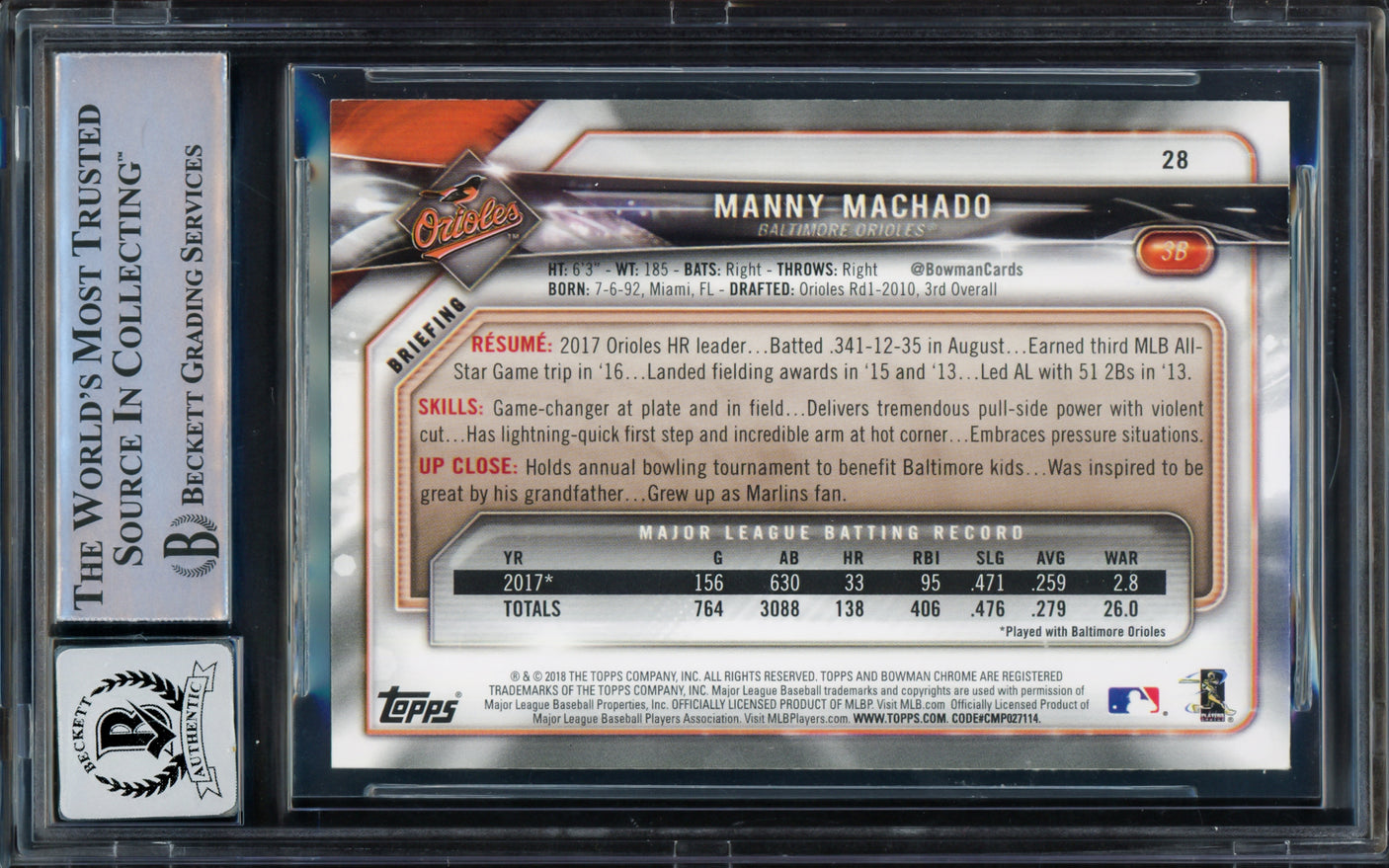 Manny Machado Autographed 2018 Bowman Card #28 Baltimore Orioles Auto Grade Gem Mint 10 Beckett BAS Stock #228984