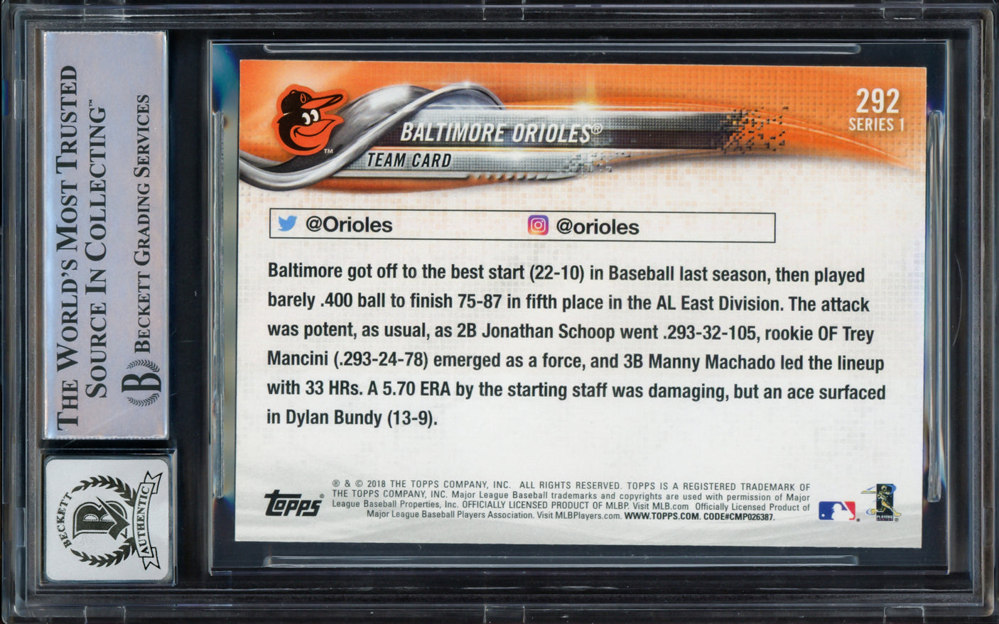 Manny Machado Autographed 2018 Topps Card #292 Baltimore Orioles Auto Grade Gem Mint 10 Beckett BAS Stock #228985