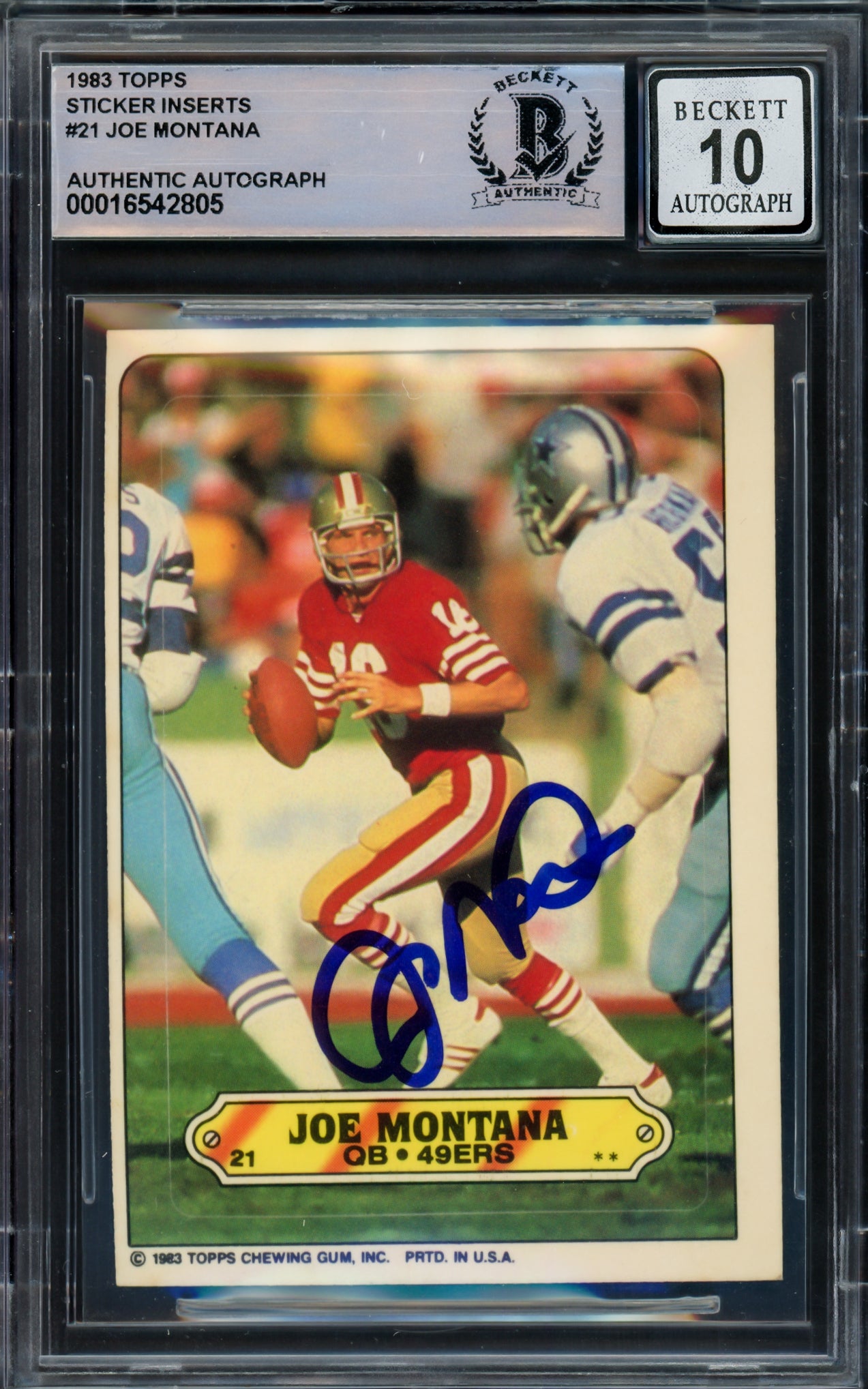 Joe Montana Autographed 1983 Topps Sticker Card #21 San Francisco 49ers Auto Grade Gem Mint 10 Beckett BAS Stock #228989