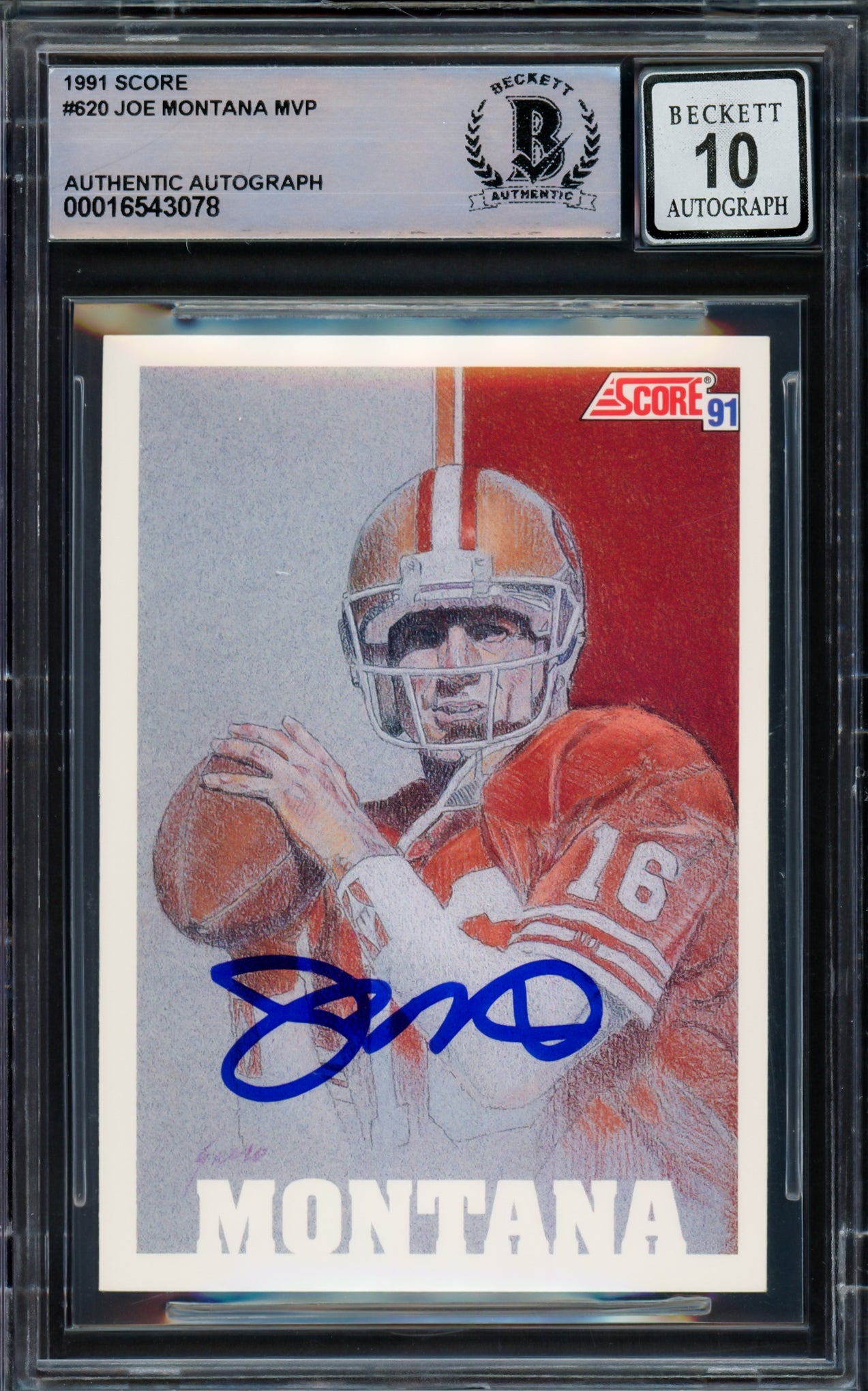 Joe Montana Autographed 1991 Score Card #620 San Francisco 49ers Auto Grade Gem Mint 10 Beckett BAS Stock #228997