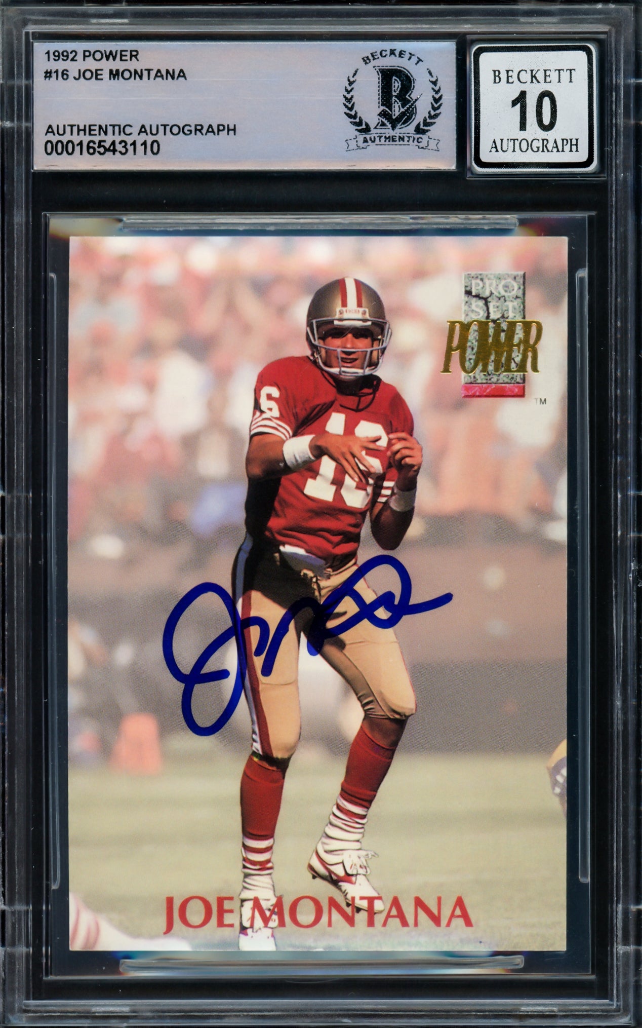 Joe Montana Autographed 1992 Pro Set Power Card #16 San Francisco 49ers Auto Grade Gem Mint 10 Beckett BAS Stock #228999