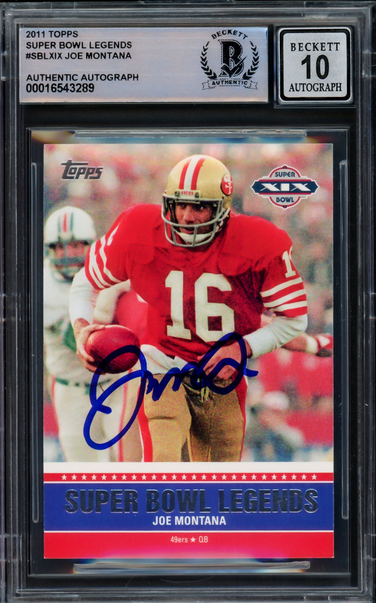 Joe Montana Autographed 2011 Topps Super Bowl Legends Card #SBL-XIX San Francisco 49ers Auto Grade Gem Mint 10 Beckett BAS Stock #229005