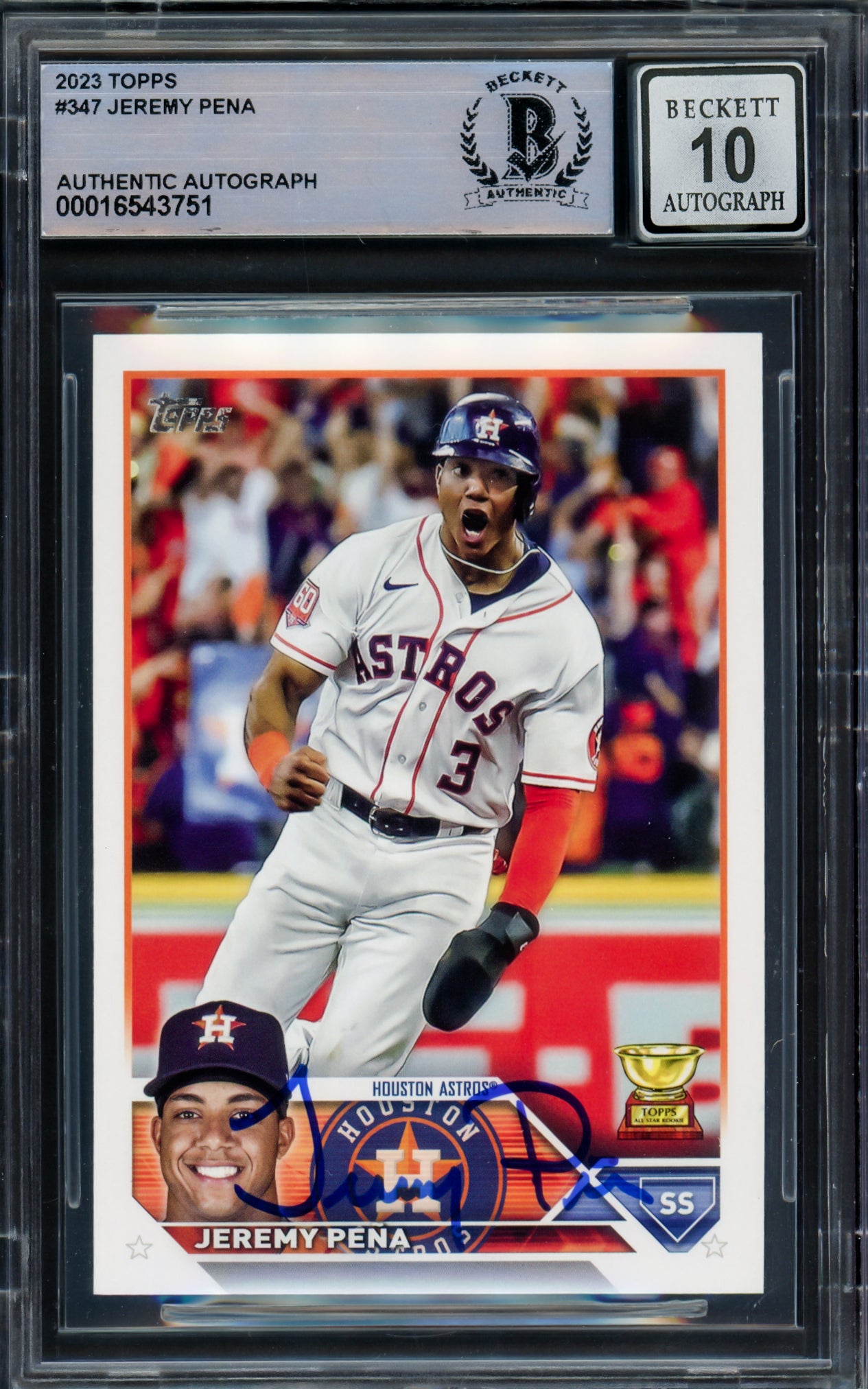 Jeremy Pena Autographed 2023 Topps Card #347 Houston Astros Auto Grade Gem Mint 10 Beckett BAS Stock #229012