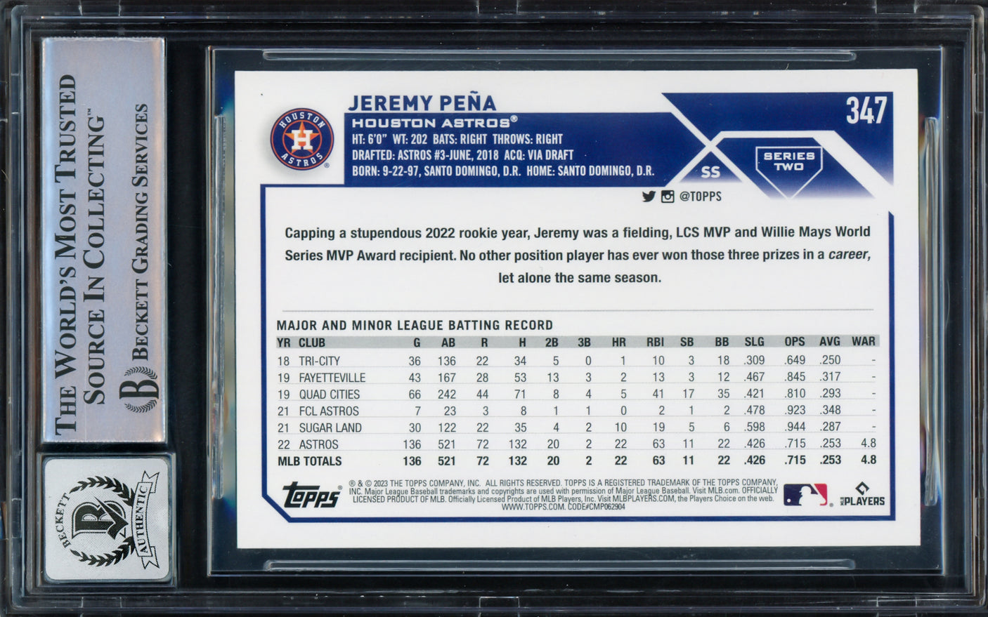 Jeremy Pena Autographed 2023 Topps Card #347 Houston Astros Auto Grade Gem Mint 10 Beckett BAS Stock #229012