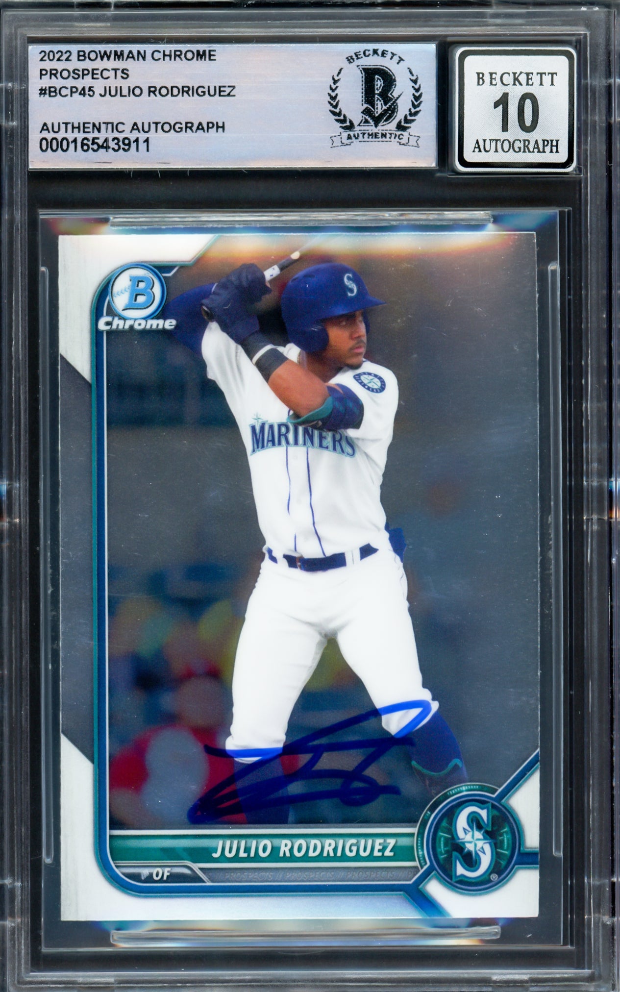 Julio Rodriguez Autographed 2022 Bowman Chrome Prospects Rookie Card #BCP45 Seattle Mariners Auto Grade Gem Mint 10 Beckett BAS Stock #229016